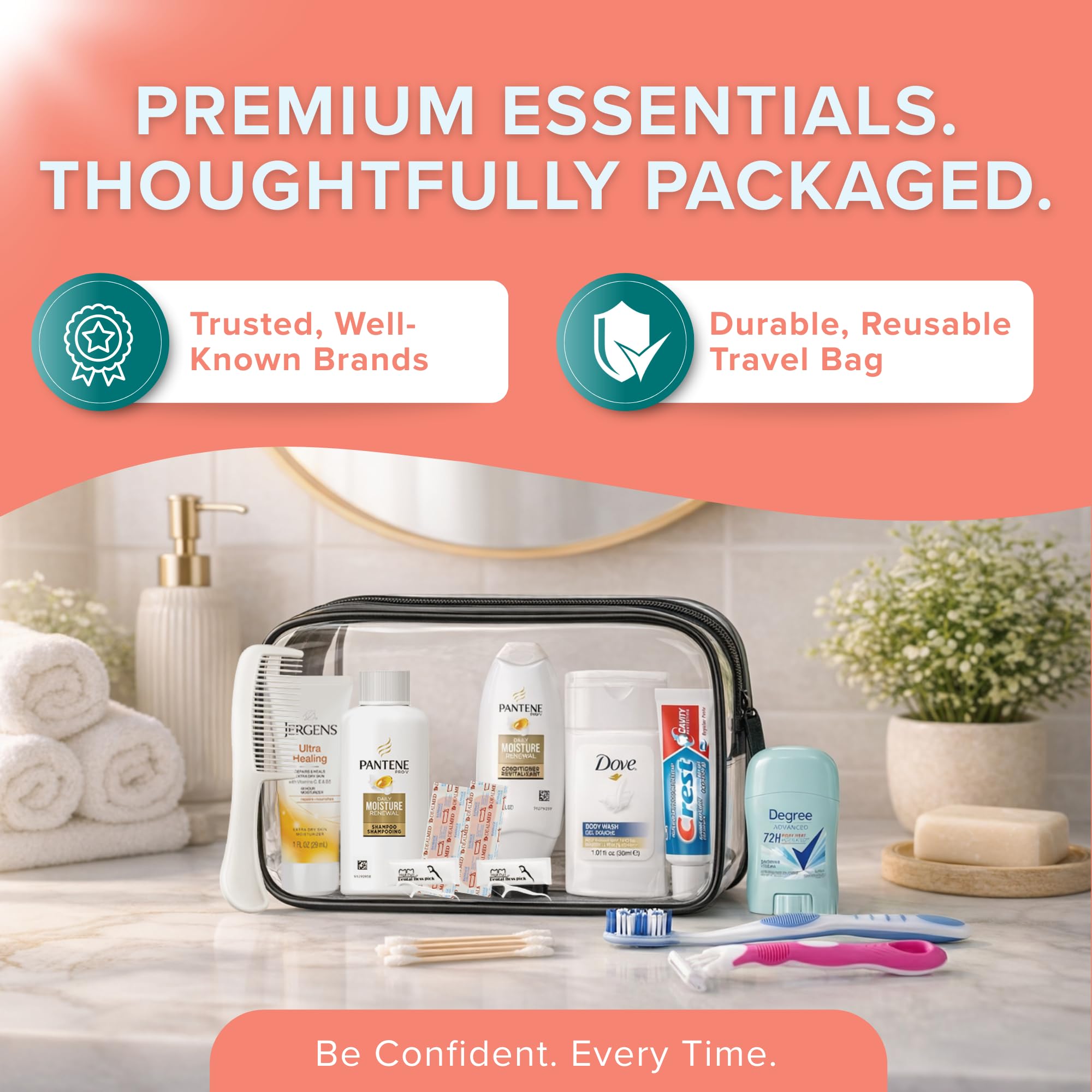 TrekTote 15 Piece Set Women’s Travel & Hygiene Kit with Clear Toiletry Bag, Personal Care Essentials, Single Kit or Bulk Case Packs, TSA Approved Toiletry Kit for Travel, Vacation, Everyday Essentials