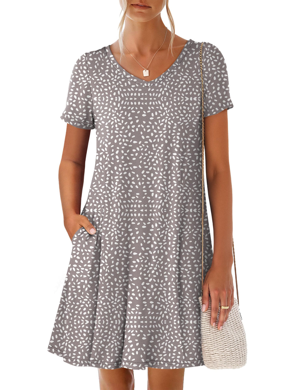 ANRABESS Women's Summer T Shirt Dress Casual V Neck Short Sleeve Floral Boho Flowy Mini Dresses 2026 Beach Vacation Clothes Light Brown White Spots Large