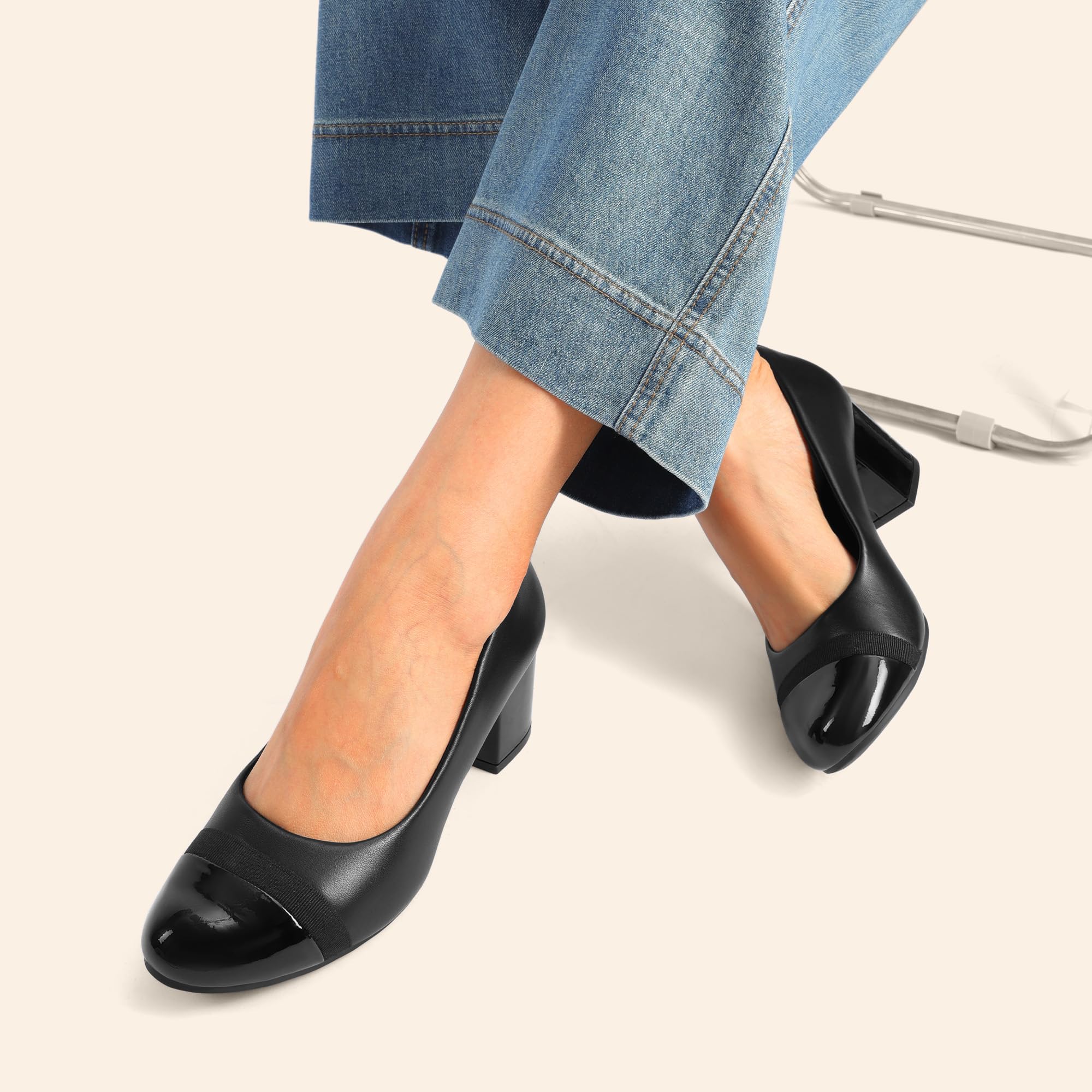 DREAM PAIRS Women's Pumps Low Chunky Block Heel Dress Shoes Closed Round Toe Comfortable Heels,Size 8W,Black-Pat,SDPU24031W-W