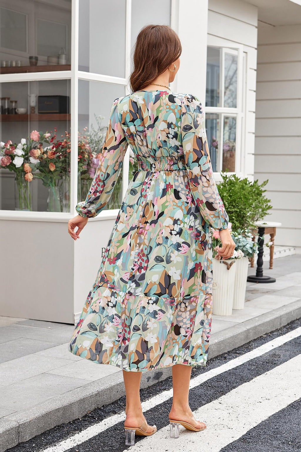 Women's Spring Wrap Maxi Dress Floral V Neck Long Sleeve Wedding Guest Party Casual Chiffon Dress Green L