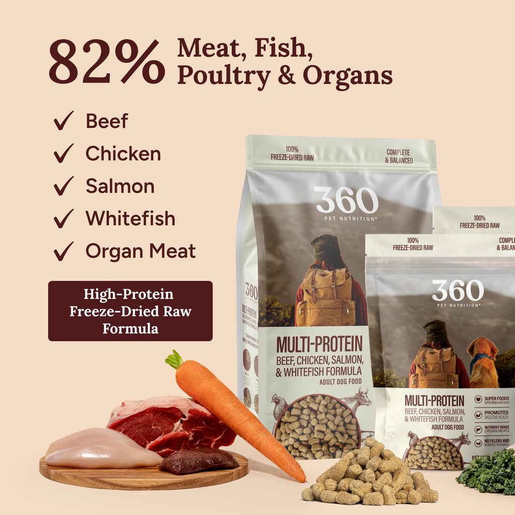 360 Pet Nutrition Freeze-Dried Raw Dog Food – Multi-Protein with Beef, Chicken, Fish, Liver & Organs, High Protein, Omega-3s, Fruits, Veggies & Superfoods, Grain-Free, No Fillers, 3 lb – Made in USA