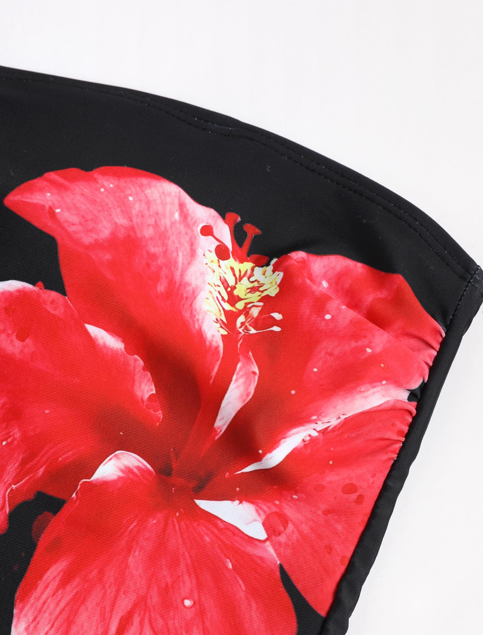 ZAFUL Women's Floral Tankini Swimsuits Bandeau Tummy Control High Cut Tankini Set Two Piece Bathing Suit(1-Red Flower, M)