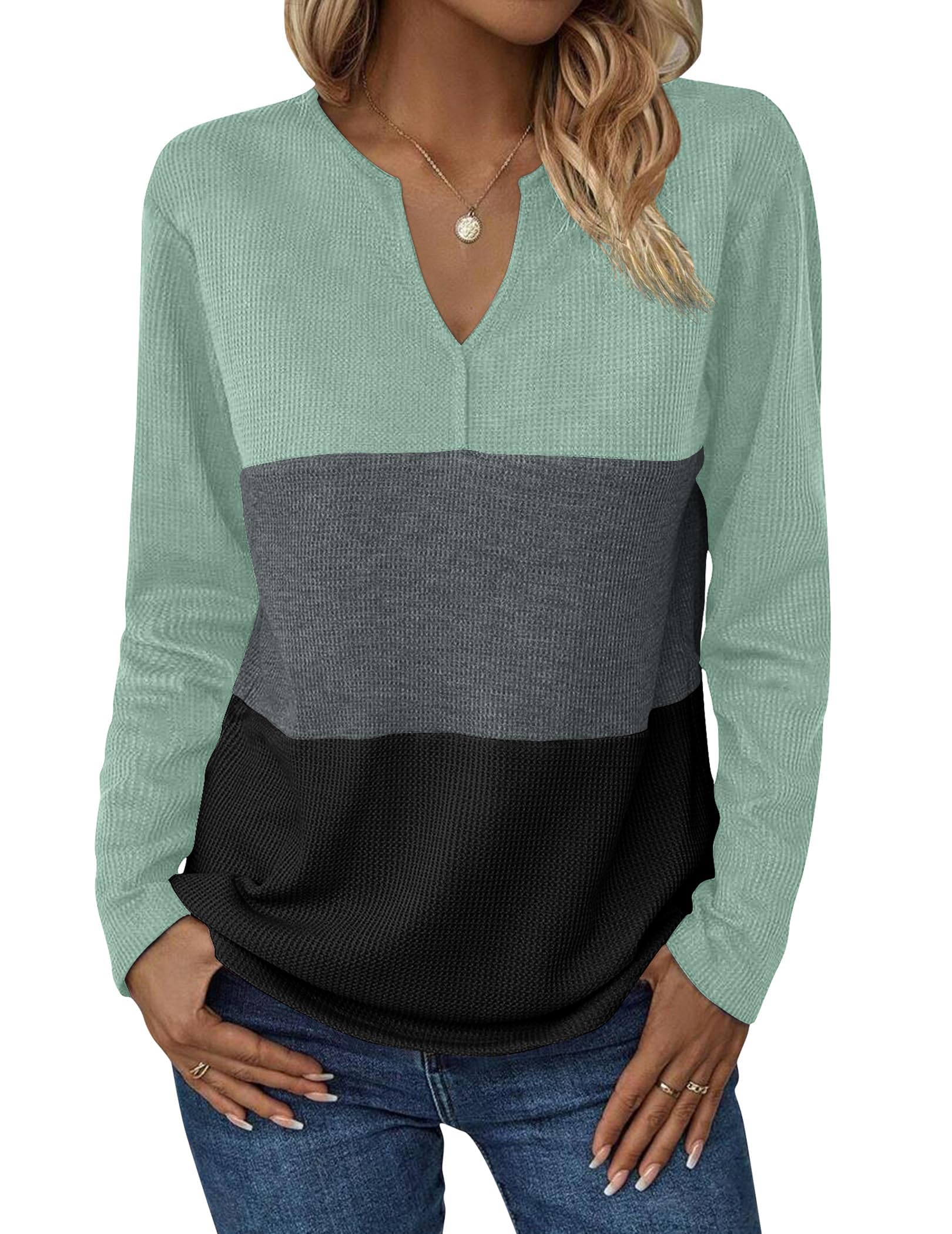 Zeagoo Tunic Tops for Women Long Sleeve V Neck T Shirts Color Block Waffle Knit Shirts Casual Fall Shirt,Mint/Charcoal/Black XL