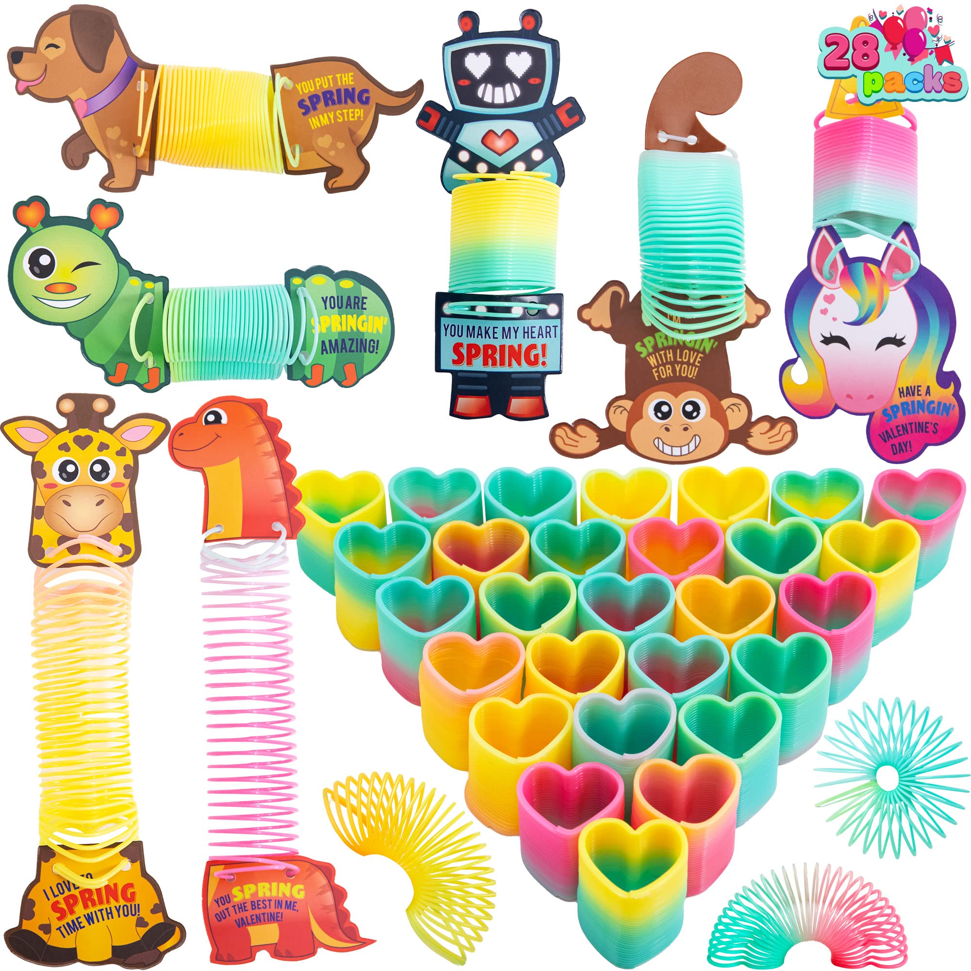 JOYIN 28 Packs Valentine's Day Animal Cards with Coil Springs Rainbow Springs, Stress Relief Coil Toys with Cards for Kids Valentine's Classroom Exchange Prizes Game Prizes, Valentine's Party Favors