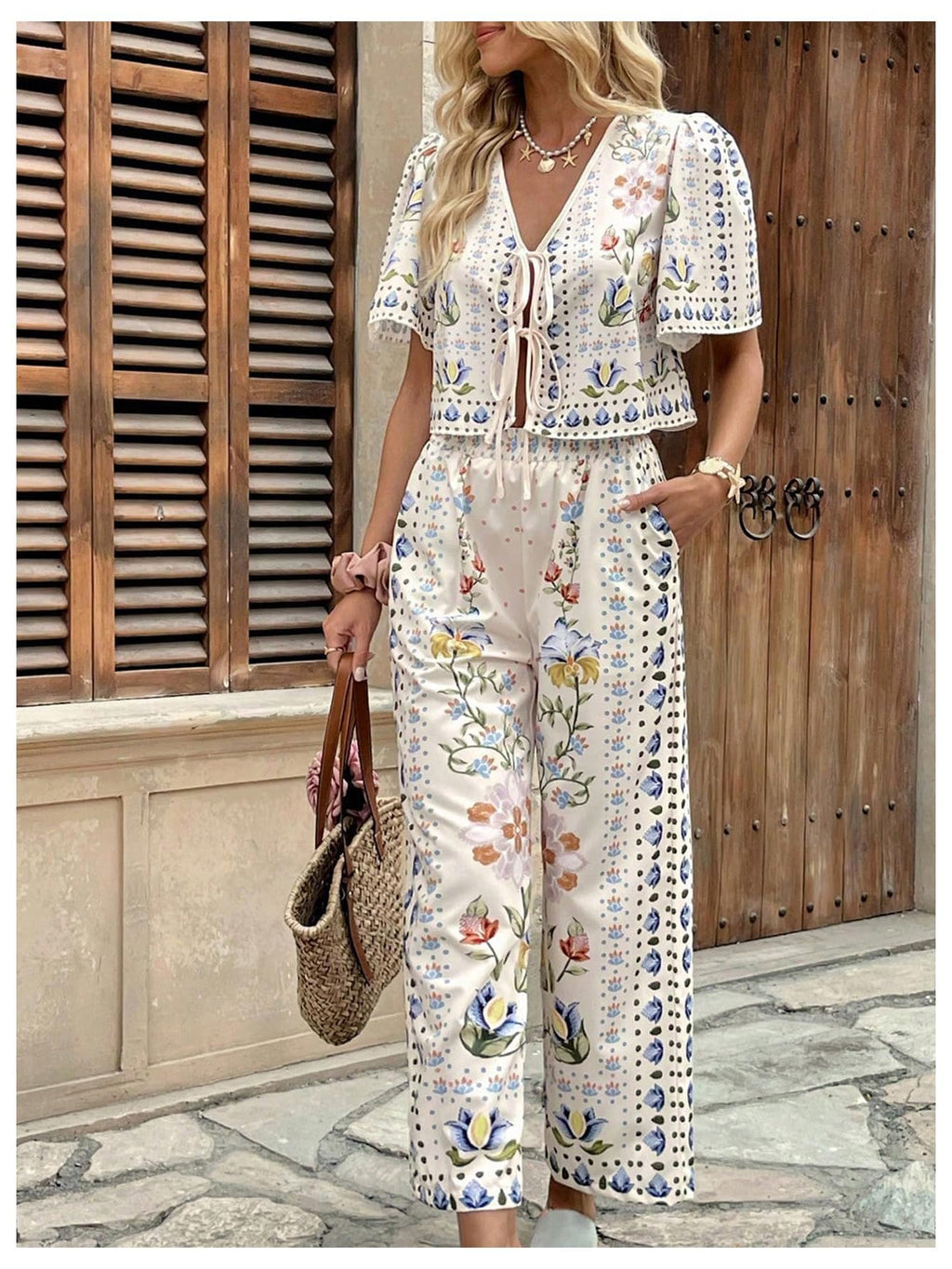 WDIRARA Women's Boho Floral 2 Piece Palazzo Pants Set Short Sleeve Tie Front Blouse Wide Leg Pants Vacation Outfits Apricot Small