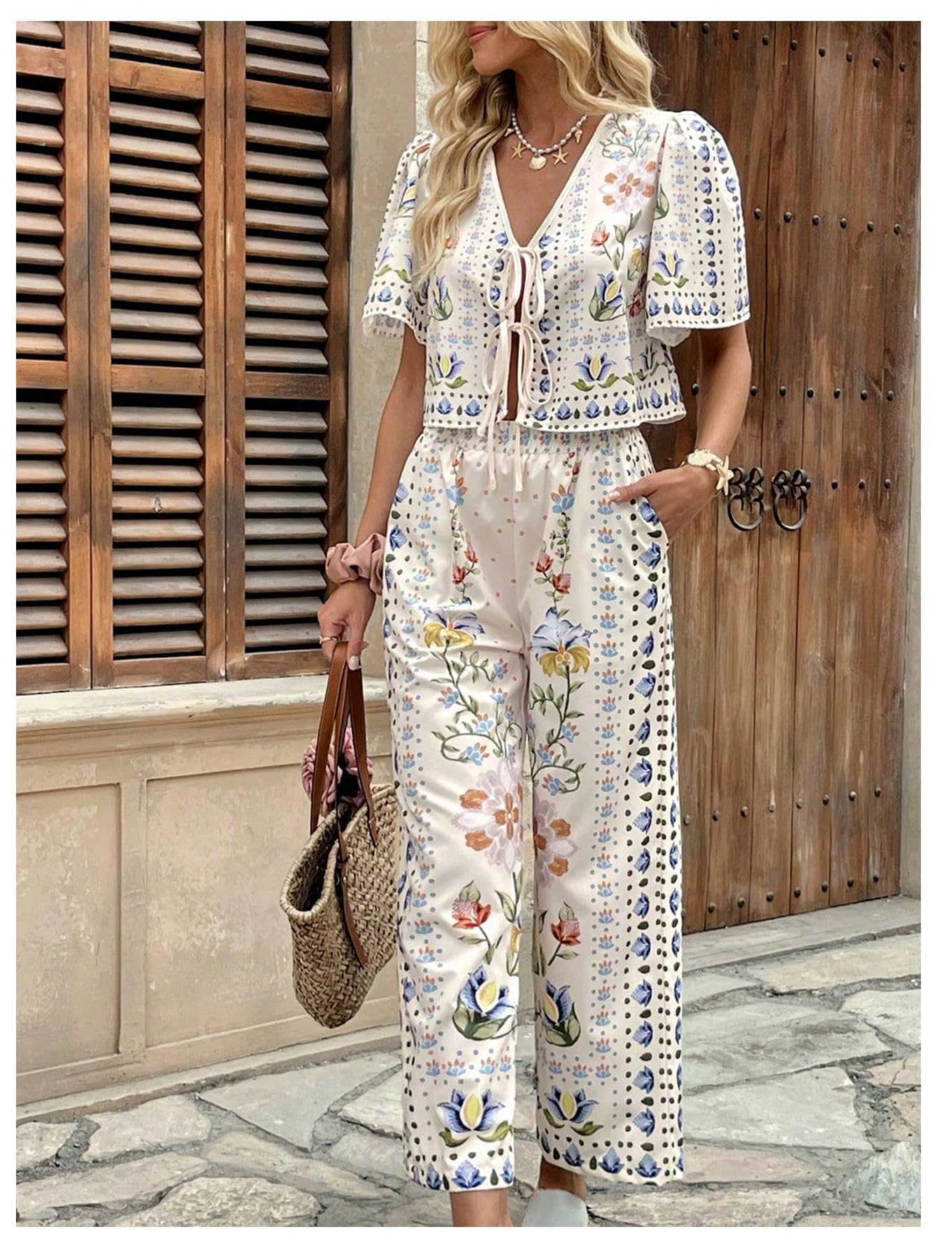 WDIRARA Women's Boho Floral 2 Piece Palazzo Pants Set Short Sleeve Tie Front Blouse Wide Leg Pants Vacation Outfits Apricot Small