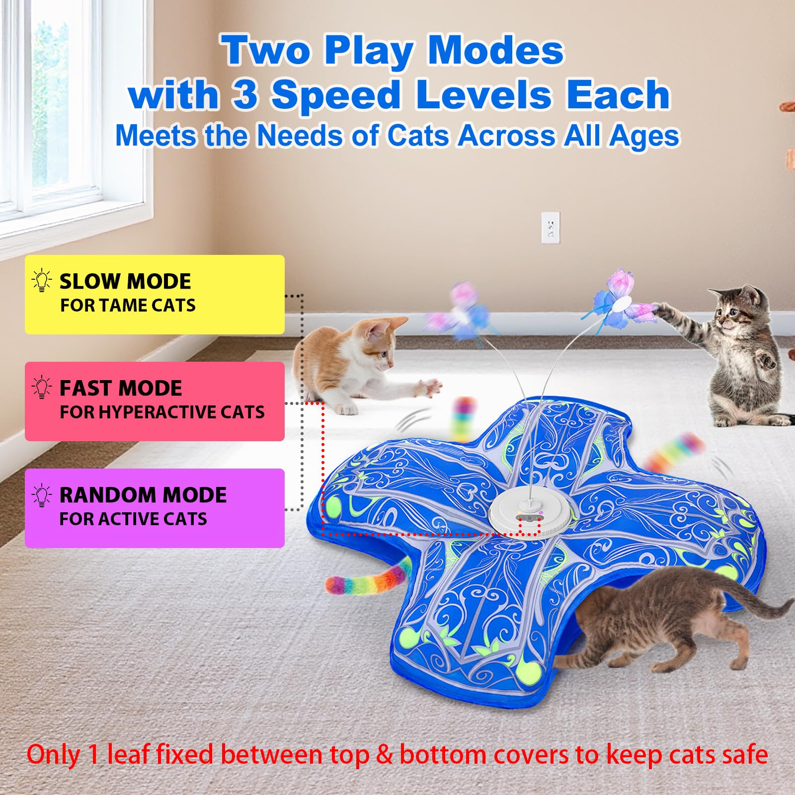 Qraxond Interactive Cat Toys for Indoor Cats,[Newly Upgraded] Rechargeable Touch Activated Hide and Seek Kitten Toys for Bored Indoor Adult Cats with Fluttering (Blue)