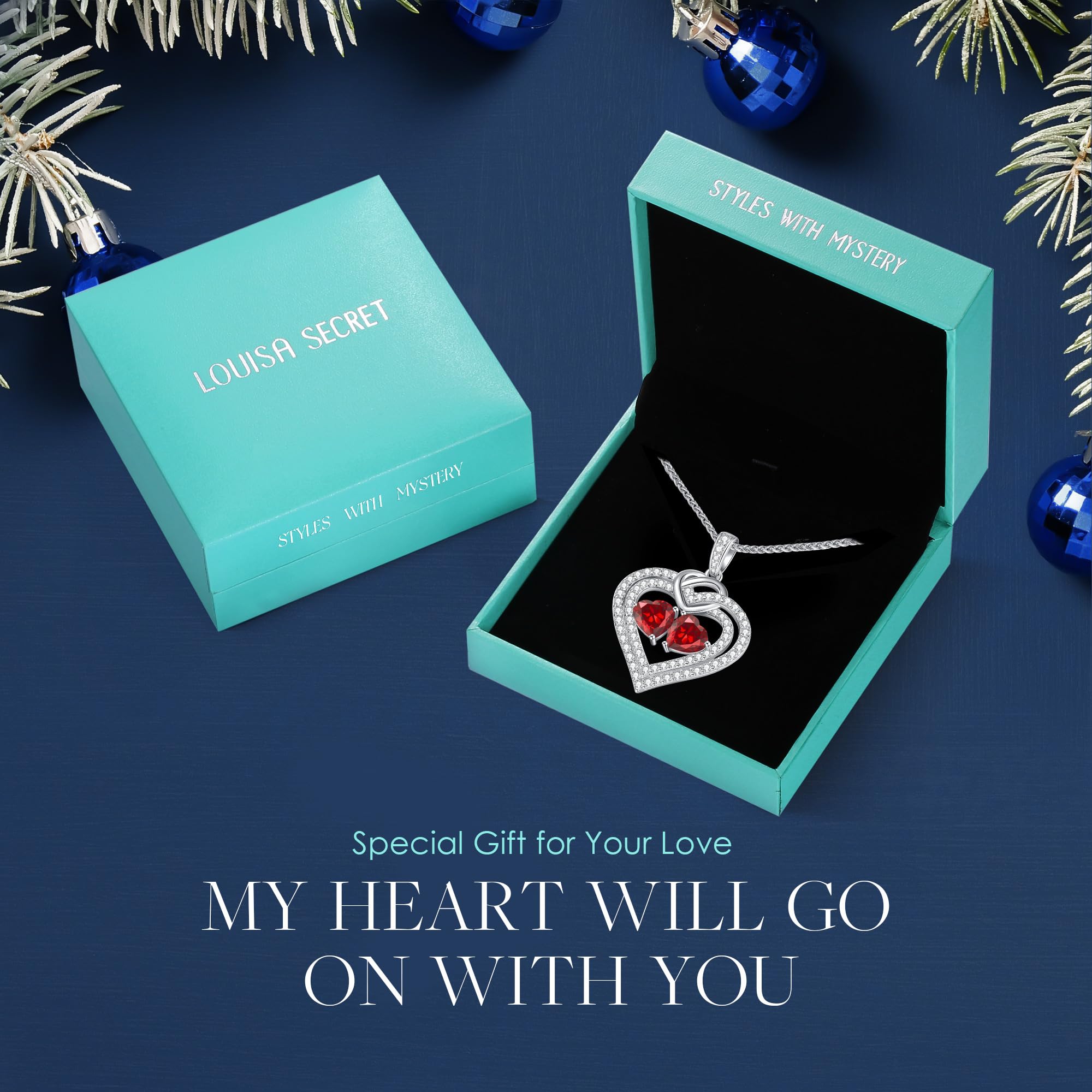 LOUISA SECRET Sparkling Double Heart Birthstone Necklace Gifts for Women, 925 Sterling Silver Fine Jewelry, Pendant Heart Necklace Birthday Anniversary Christmas Gift for Women Wife Mom Girlfriend