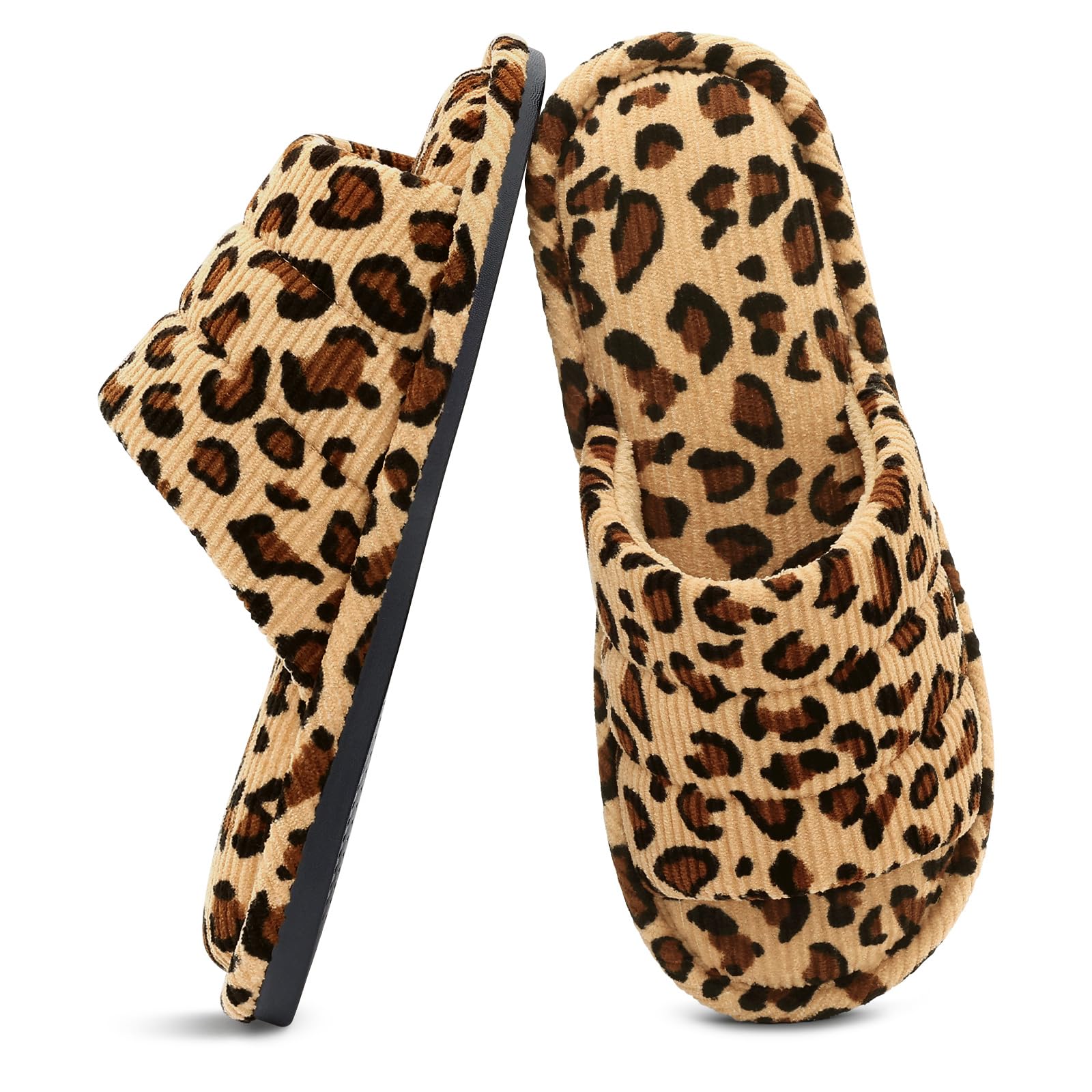 shevalues Summer House Slippers for Women Men Breathable Corduroy Indoor Slippers Slip-on Open Toe Bedroom Shoes with Memory Foam, Leopard 7.5-8.5 Women Men/6-7men