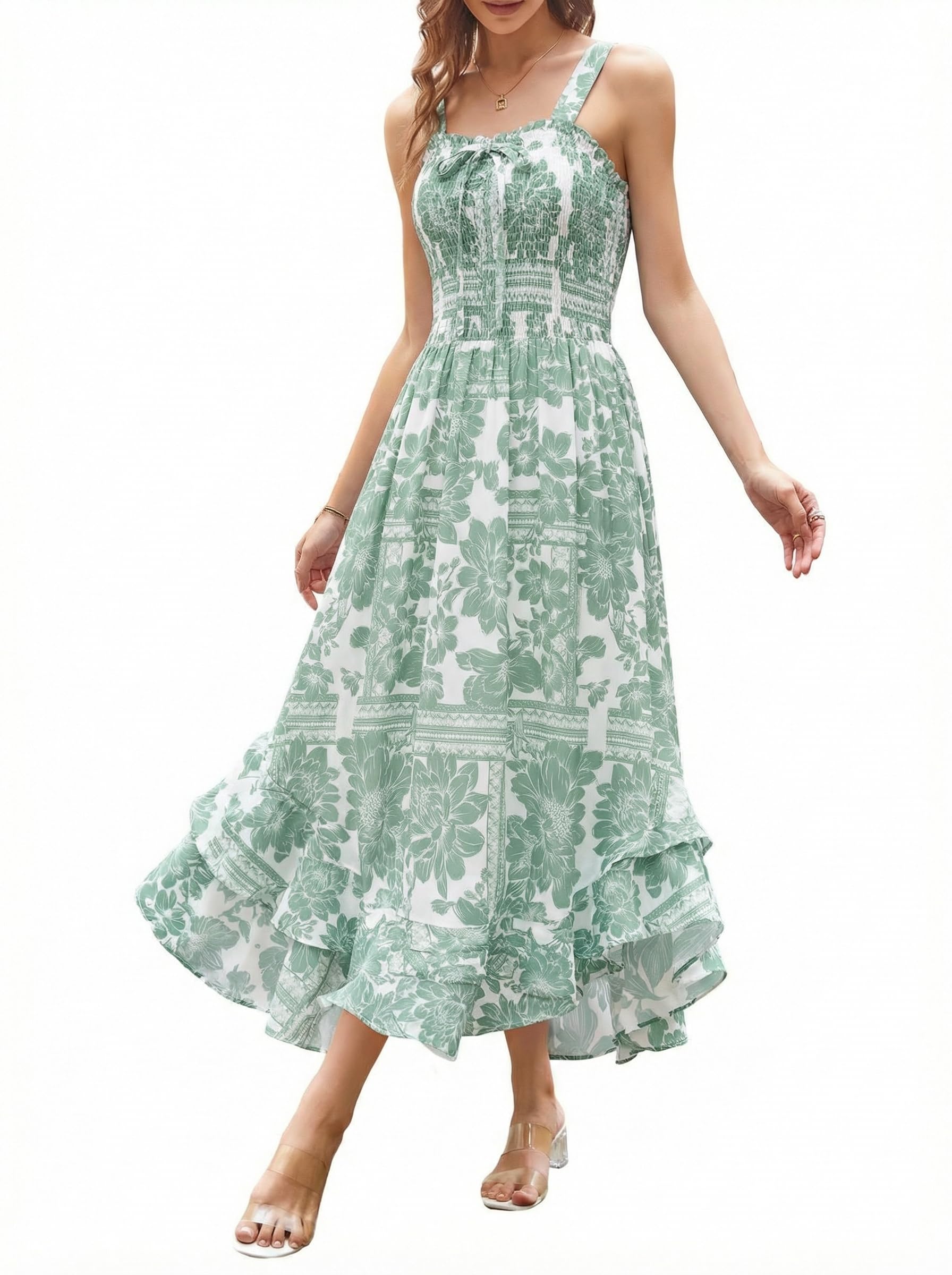 GRACE KARIN Women's 2026 Summer Floral Boho Dress Square Neck Strapped Swing A Line Sundress Beach Long Maxi Outfits White Green 2XL