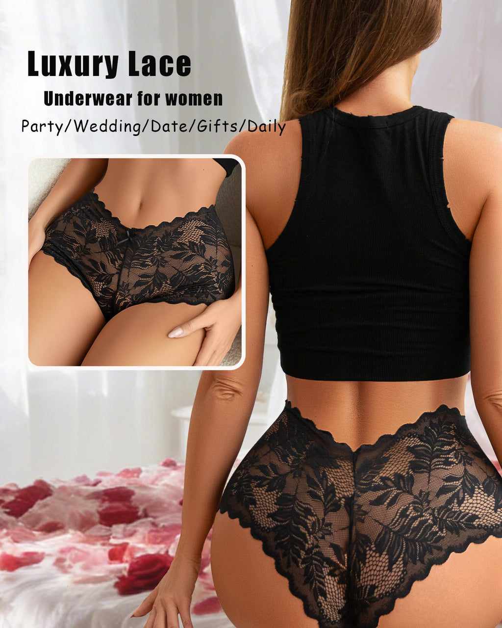 FINETOO 5 Pack Sexy Lingerie Panties for Women Pack V-Waist Lace Womens Underwear French Cut Boyshorts Panty