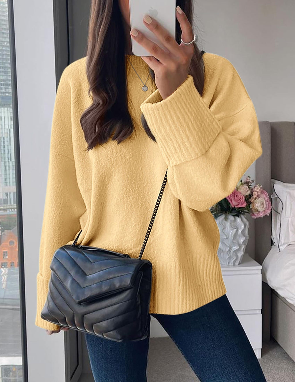 PRETTYGARDEN Women's Fall Oversized Sweaters Casual Crewneck Pullover Long Sleeve Fuzzy Chunky Knit Tops Blouse (Yellow,Small)