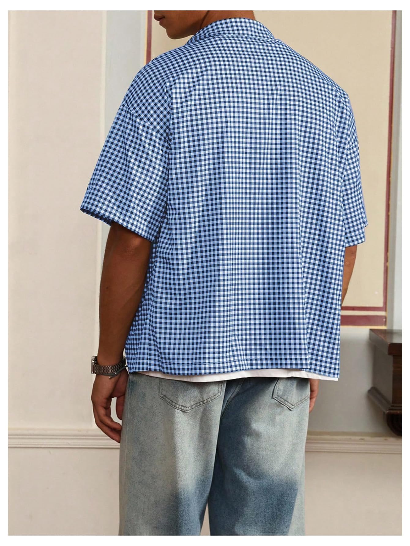 GORGLITTER Men's Plaid Button Up Crop Top Shirt Gingham Short Sleeve Tee Shirts Blue and White Small