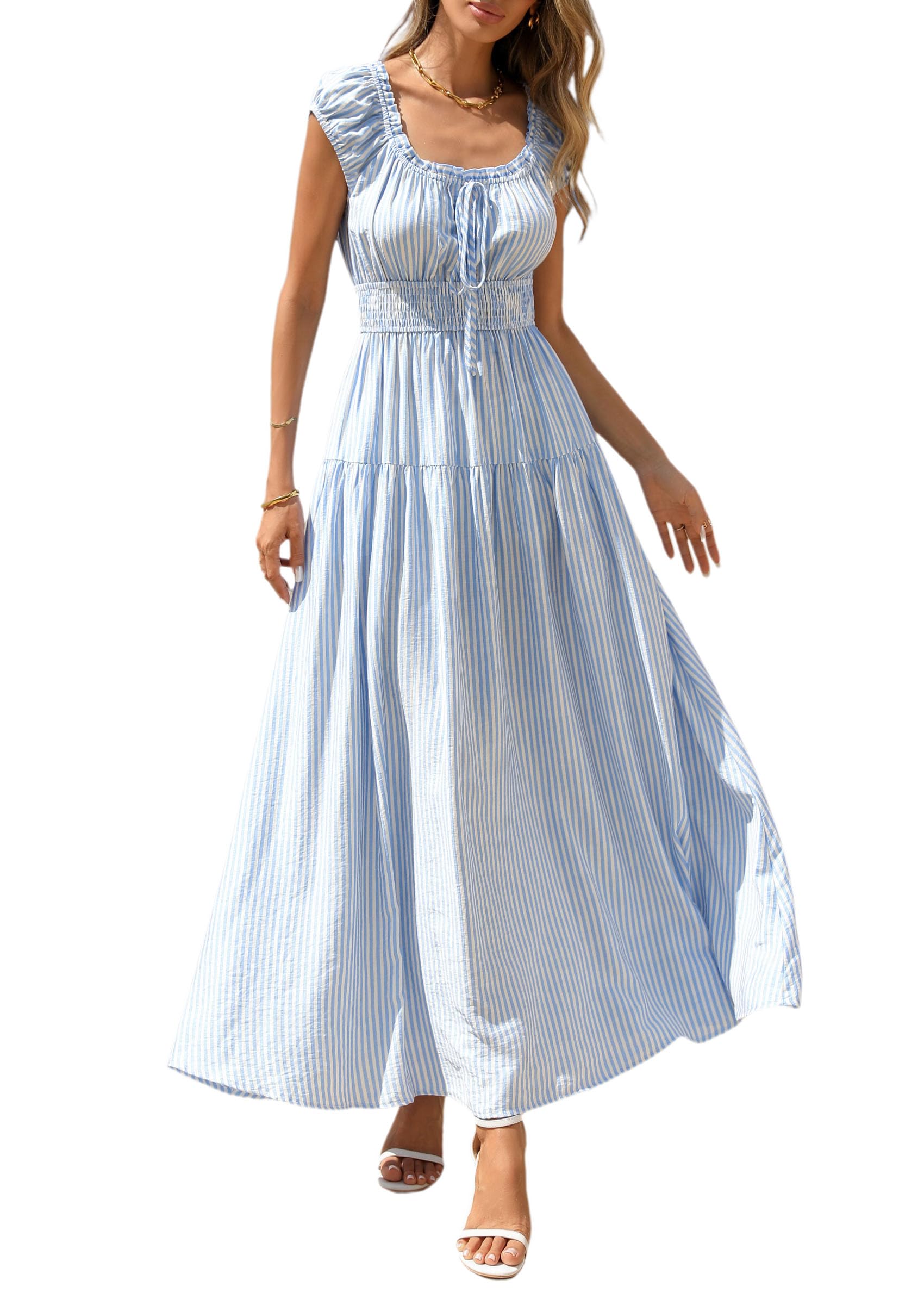 PRETTYGARDEN Boho Maxi Dresses for Women 2026 Summer Floral Wedding Guest Dress Resort Wear Spring Long Flowy Beach Sundress (Blue Striped,Small)