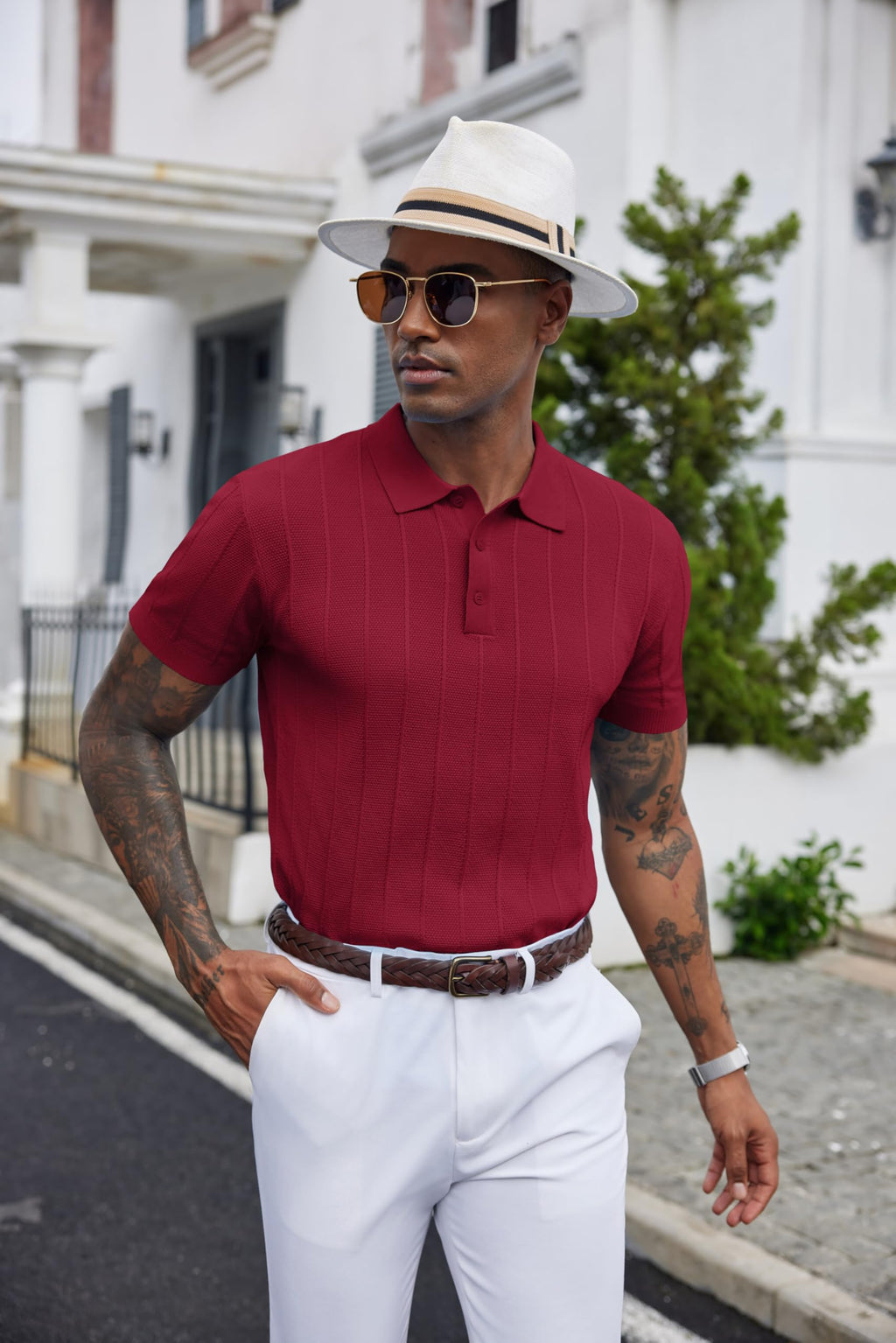 COOFANDY Mens Golf Shirt Ribbed Knitted Polo Shirts Business Casual Polos Shirt Vintage Textured Collared Shirts Trendy Summer Clothes 2025 Wine Red