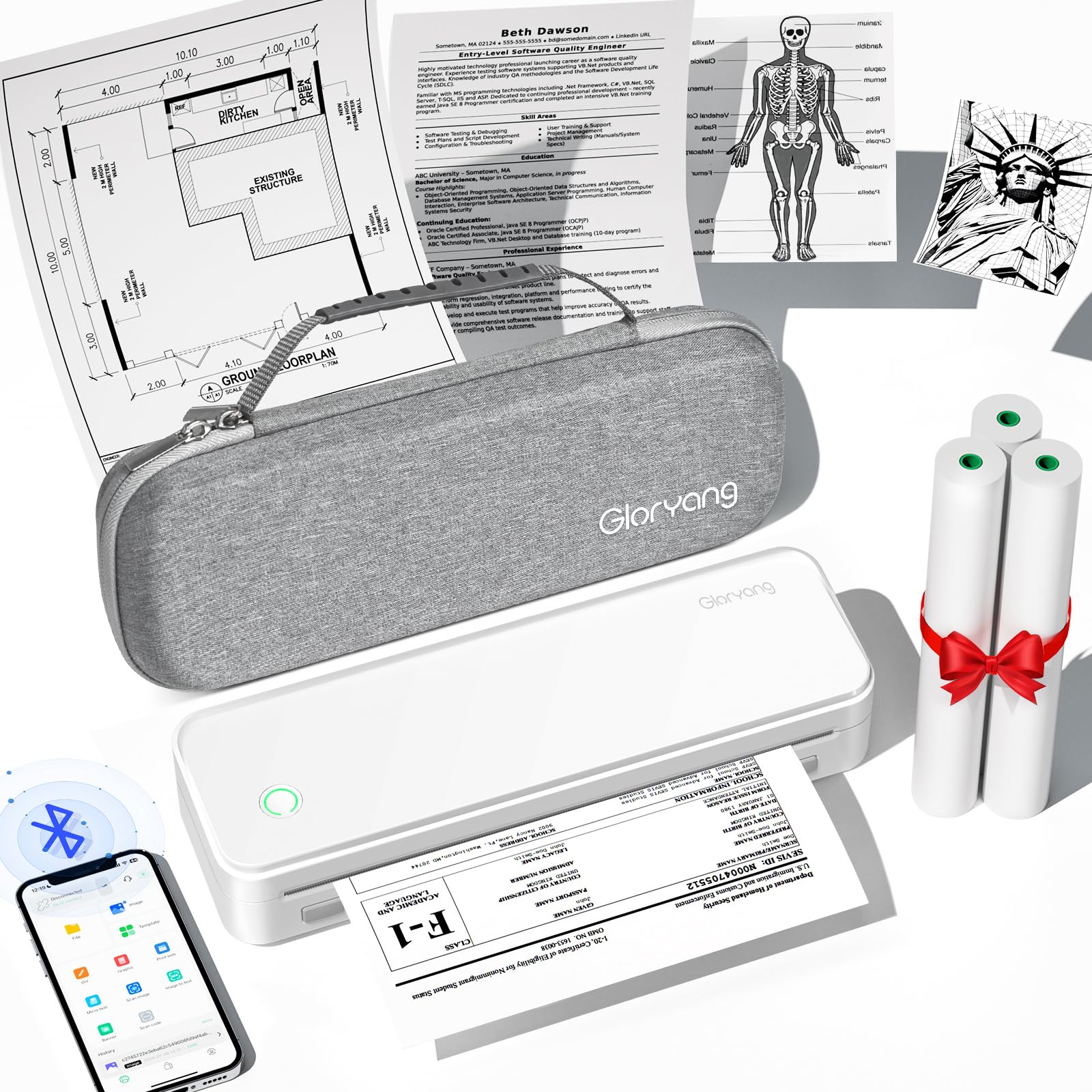 Gloryang Inkless Portable Printer for Travel, Wireless Thermal Printer Supports 8.5 x 11 Inch US Letter Size, Bluetooth Machine Includes Carry Case and 3 Rolls of Thermal Paper Kit, White