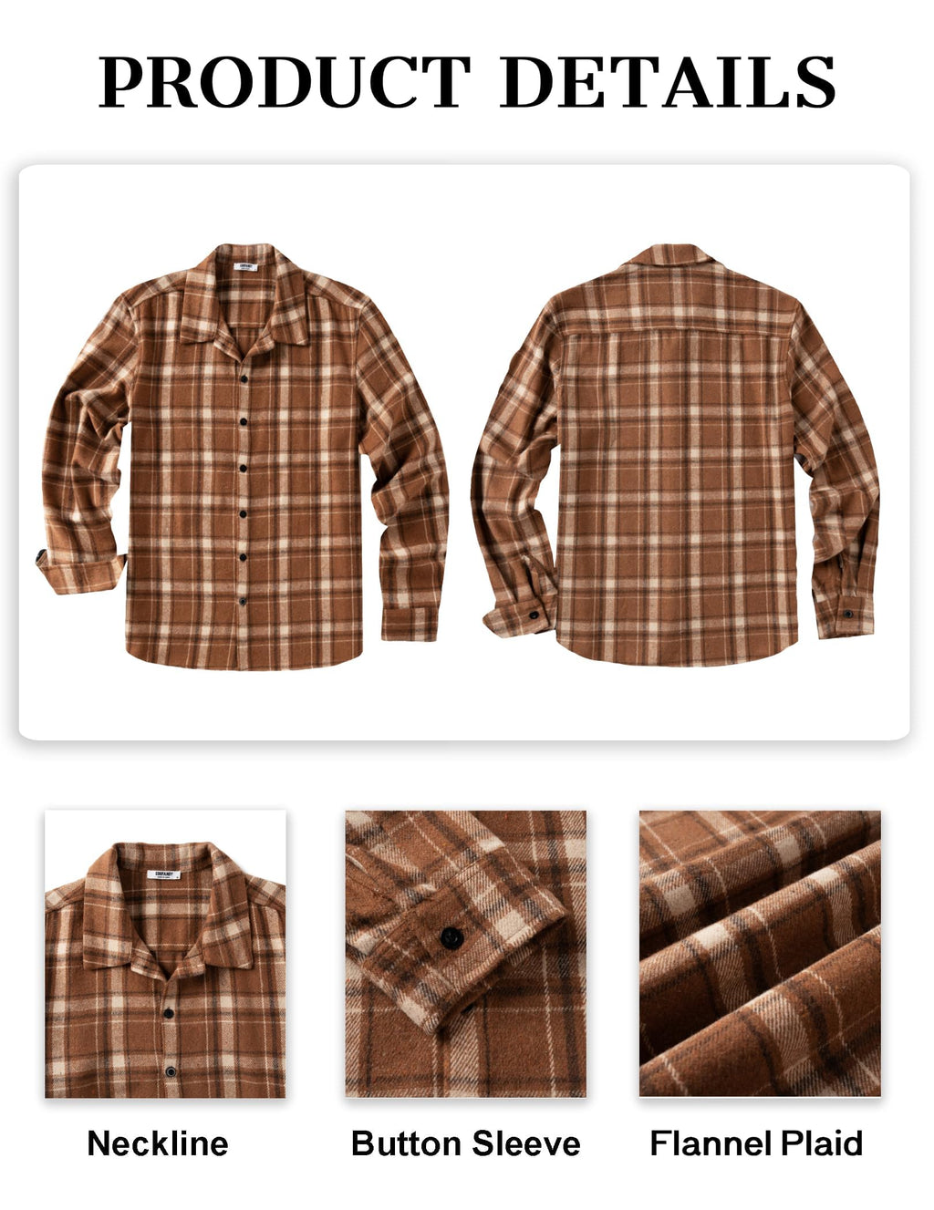 COOFANDY Men's Brown Flannel Plaid Jacket Regular Fit Long Sleeve Button Down Shirts Vintage Western Shacket