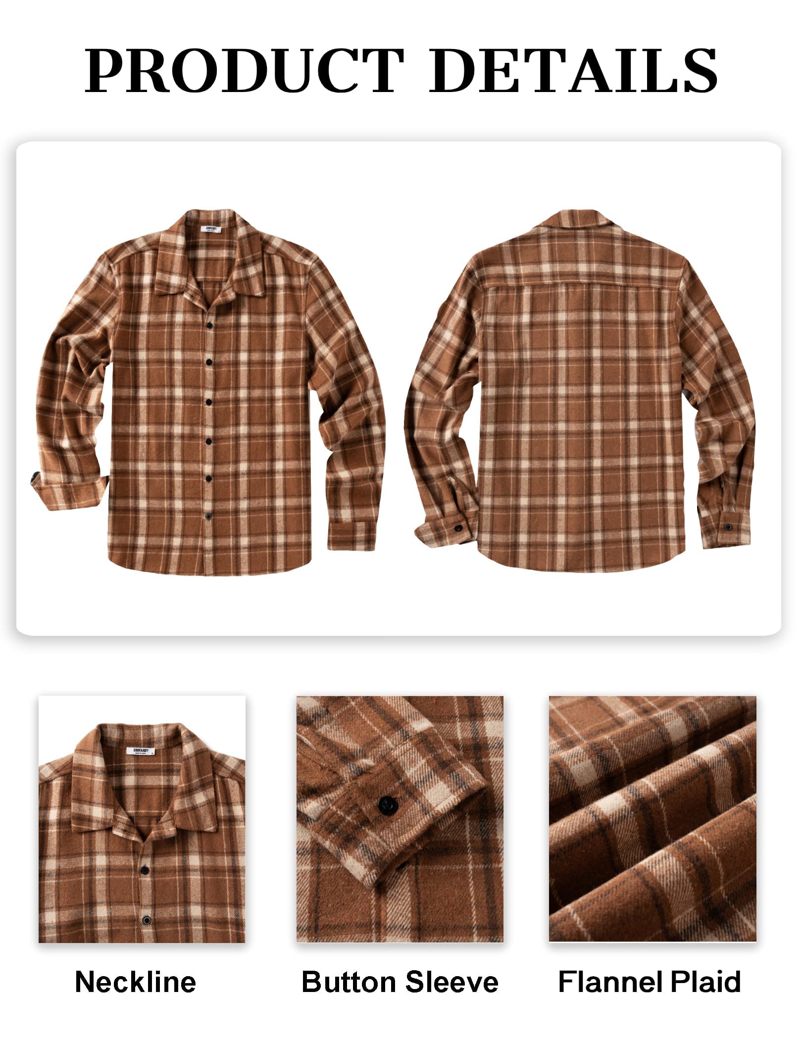 COOFANDY Men's Brown Flannel Plaid Jacket Regular Fit Long Sleeve Button Down Shirts Vintage Western Shacket