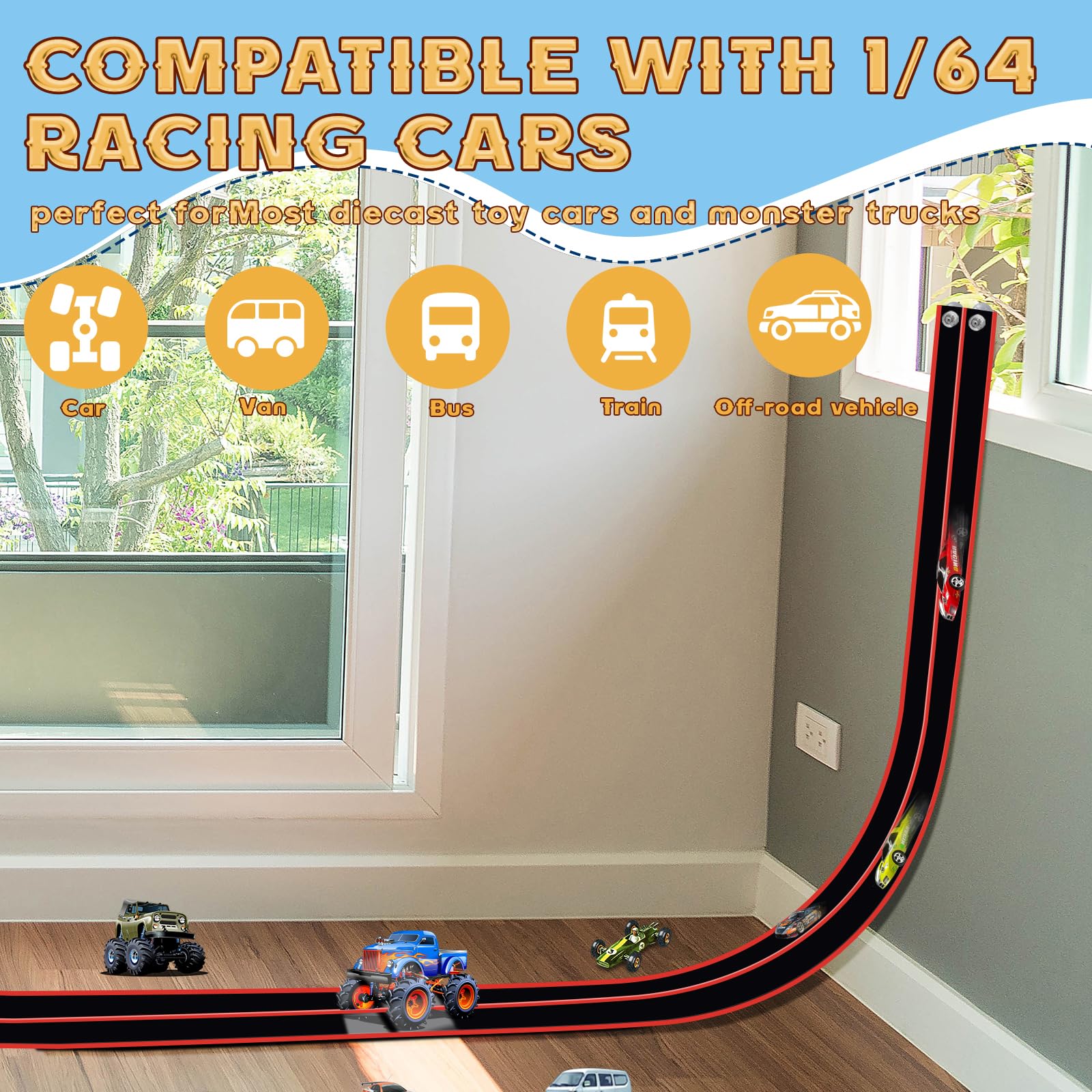 Flex Tracks 15 Ft for Kids Starter Set, Flexible Race Car Ramp Track with Suction Cups Compatible with Diecast 1/64th Cars for Ages 3 & Up (Black & Red)
