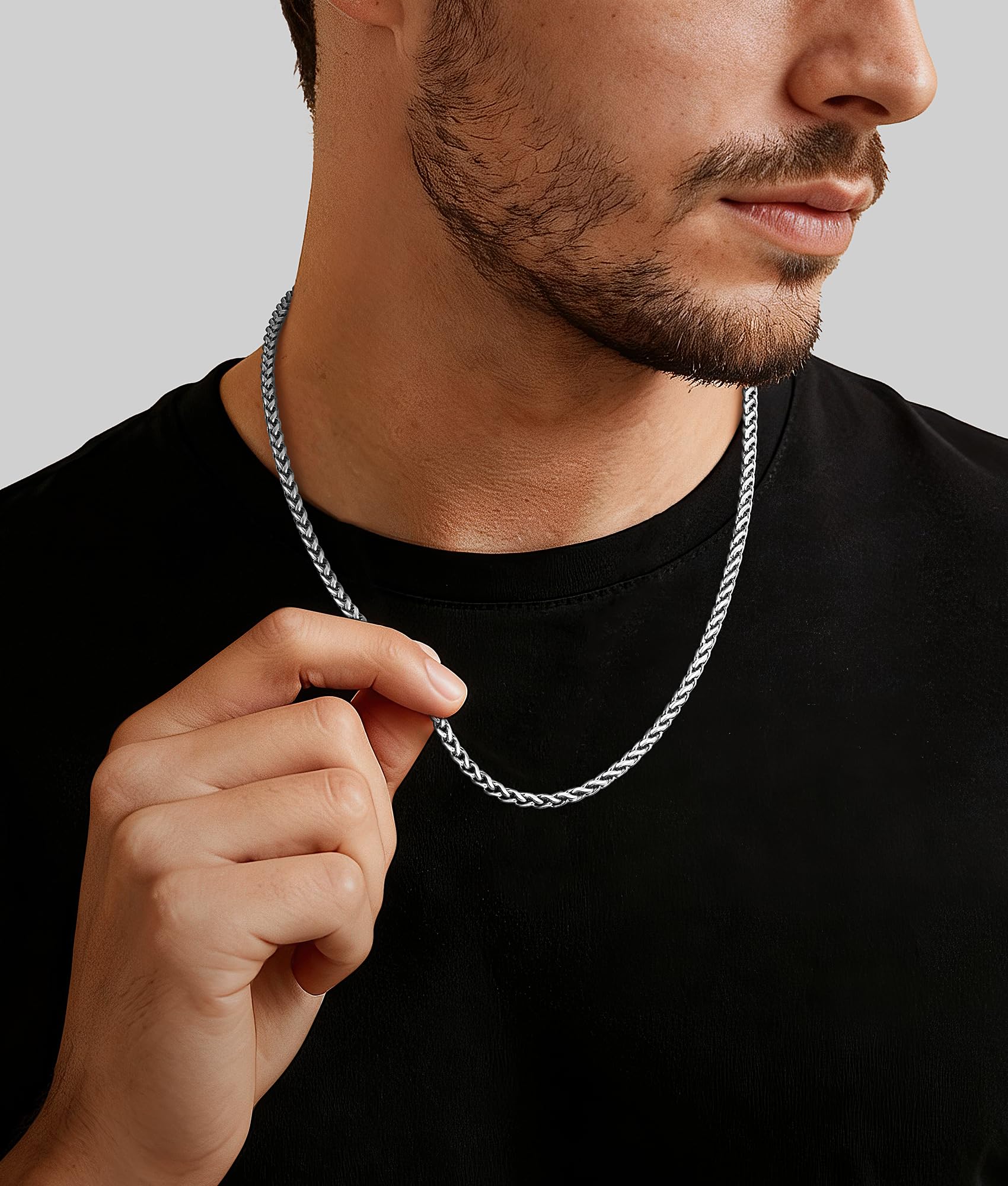 Jewlpire Silver Chain for Men, 4mm Wheat Chain Necklace Stainless Steel Necklaces Chains for Men, Mens Necklaces 18 Inch