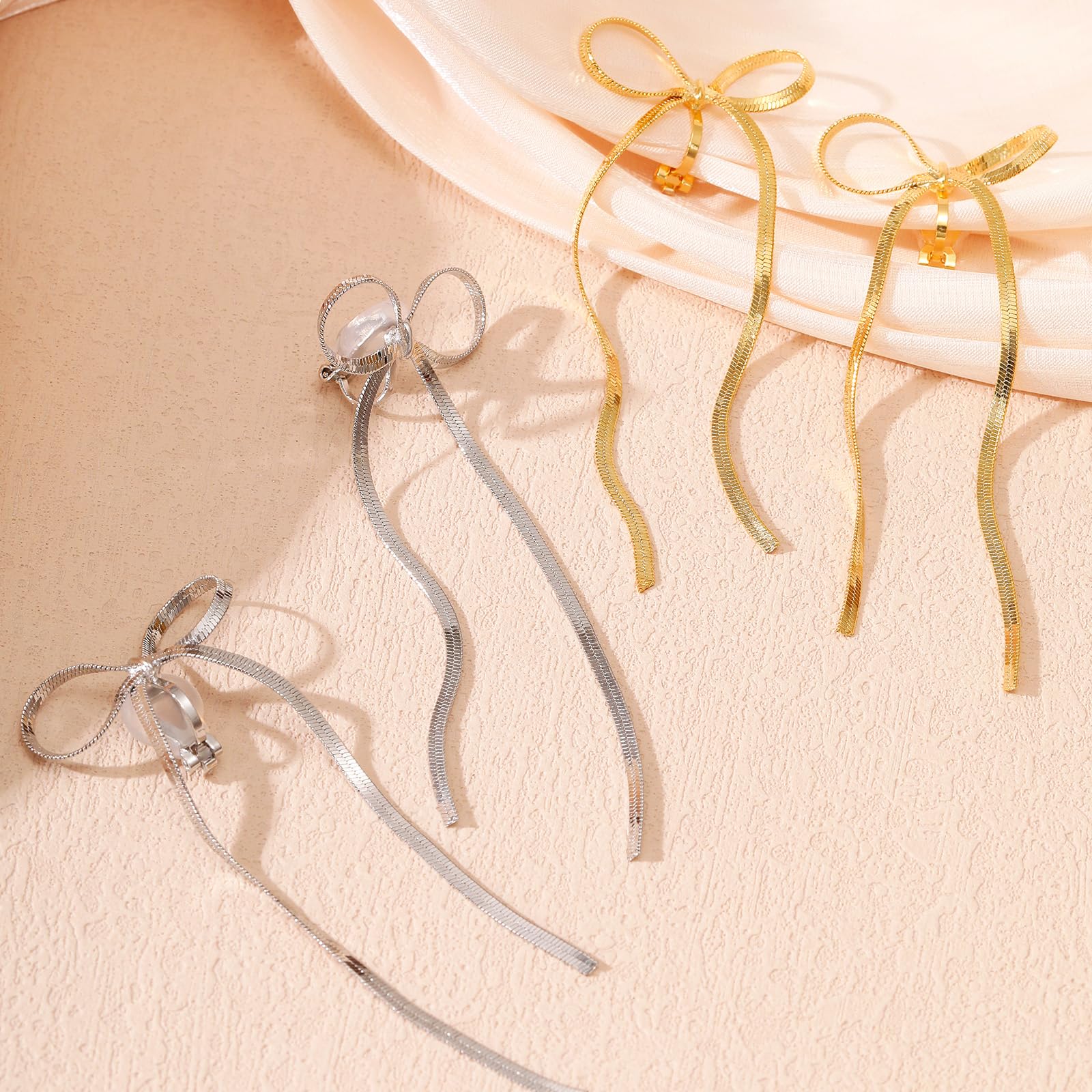 NVWAROCK Cilp-on Gold Bow Earrings Non Pierced Ribbon Bow Dangle Drop Tassel Statement Earring for Women 14K Real Gold Plated Dangling Long chain Earrings