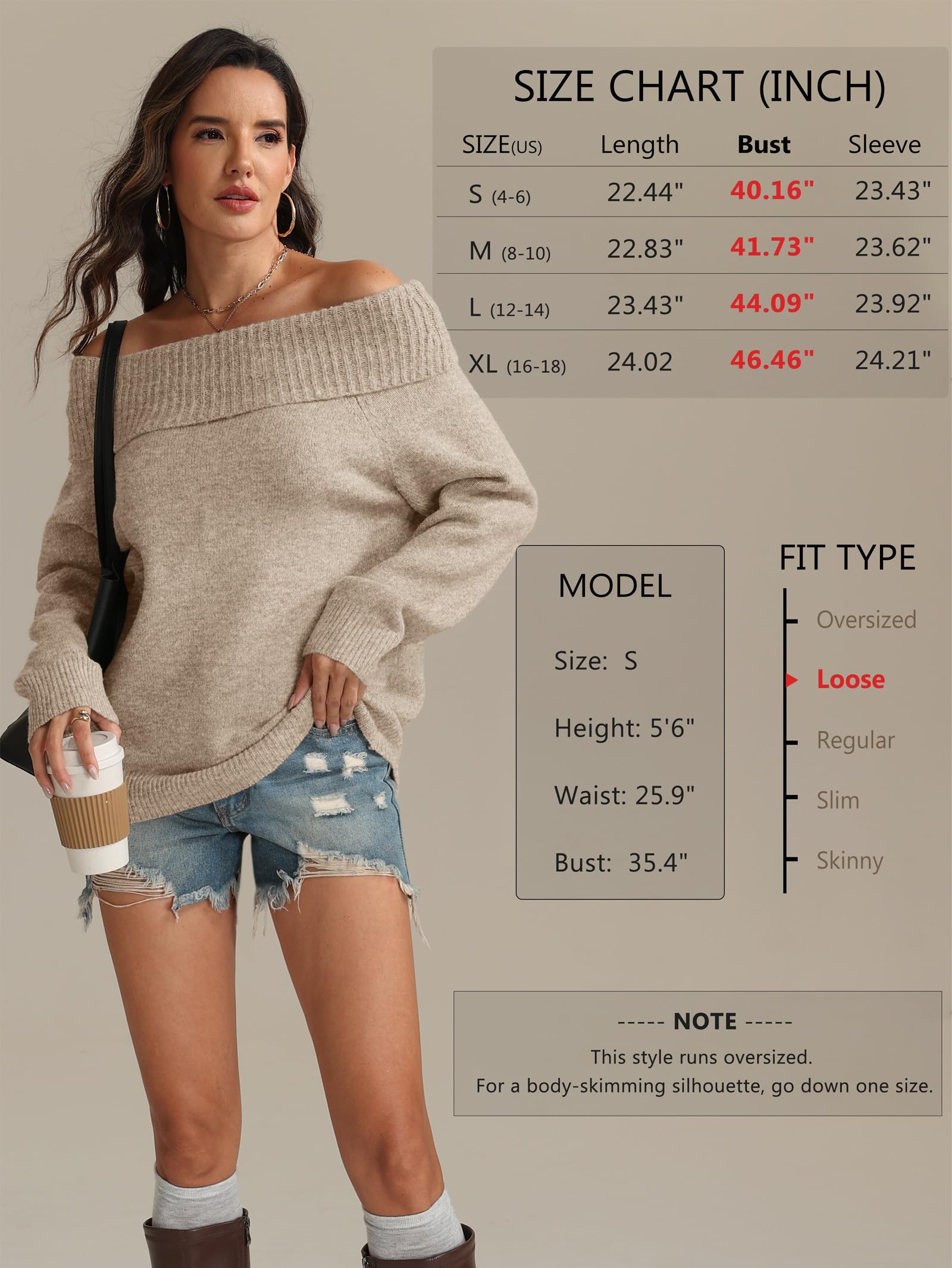 ATHMILE Cute Tops for Womens Off The Shoulder Sweaters Oversized Batwing Sleeve Loose Pullover Spring Fall Winter Outfits Khaki