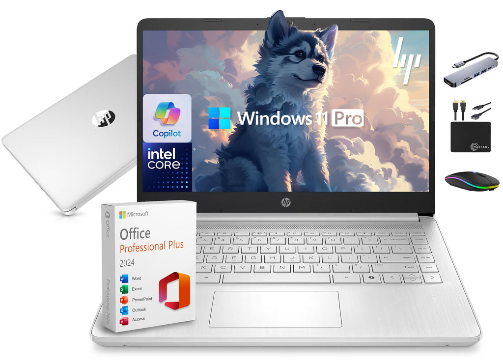 HP 14" Laptop Computer 2025-2026 Business Student, Copilot AI, Lifetime Office, 4-Core Intel CPU, 16GB RAM, 628GB Storage (128GB UFS +500GB Ext), Wi-Fi 6, 10+ Hrs, MarxsolAccessory, Win 11 Pro, Silver