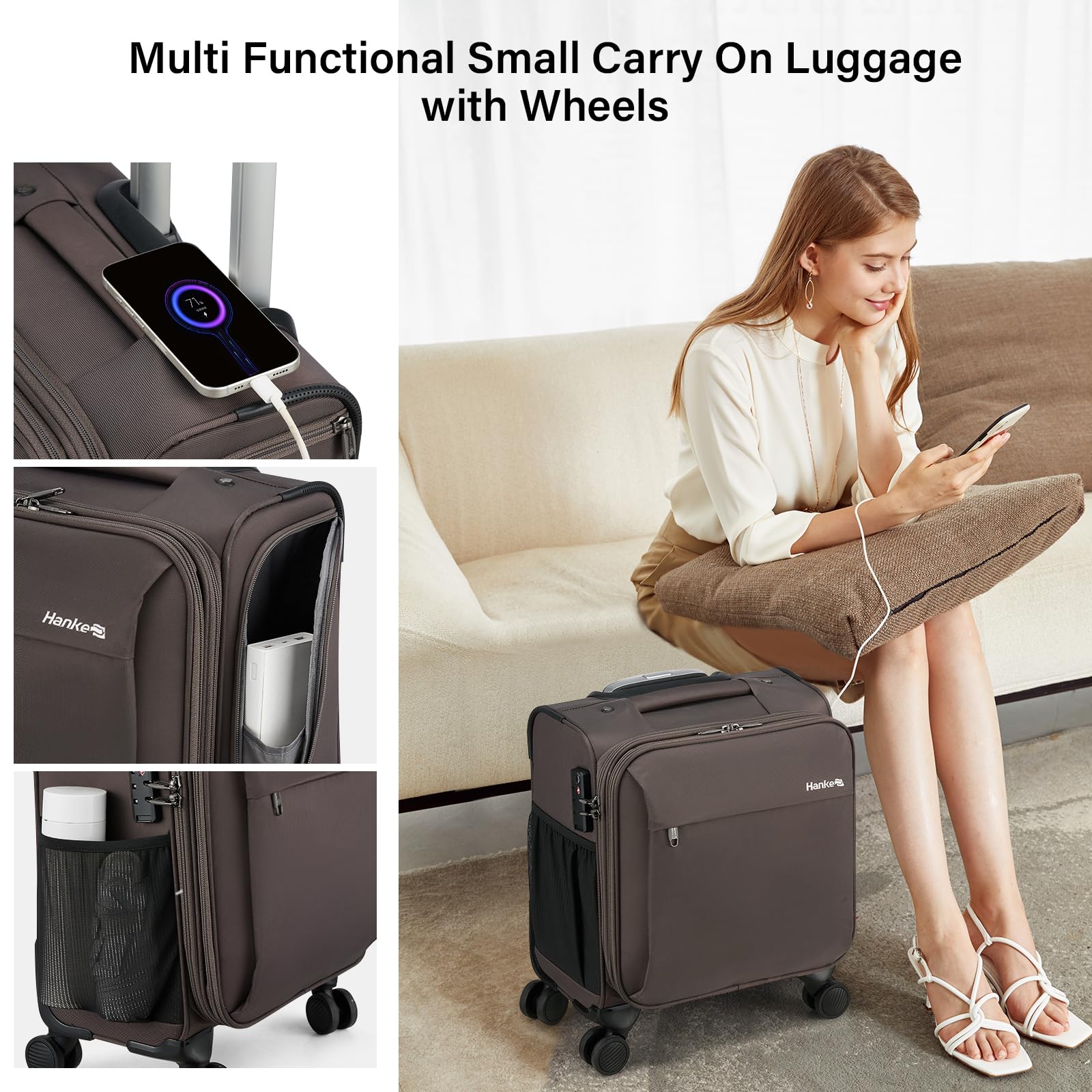 Hanke 16 Inch Underseat Carry On Luggage with Wheels Small Suitcase Softside Luggage Bags for Travel Lightweight Suitcases with Wheels Travel Luggage Personal Item for Men and Women.(Coffee)