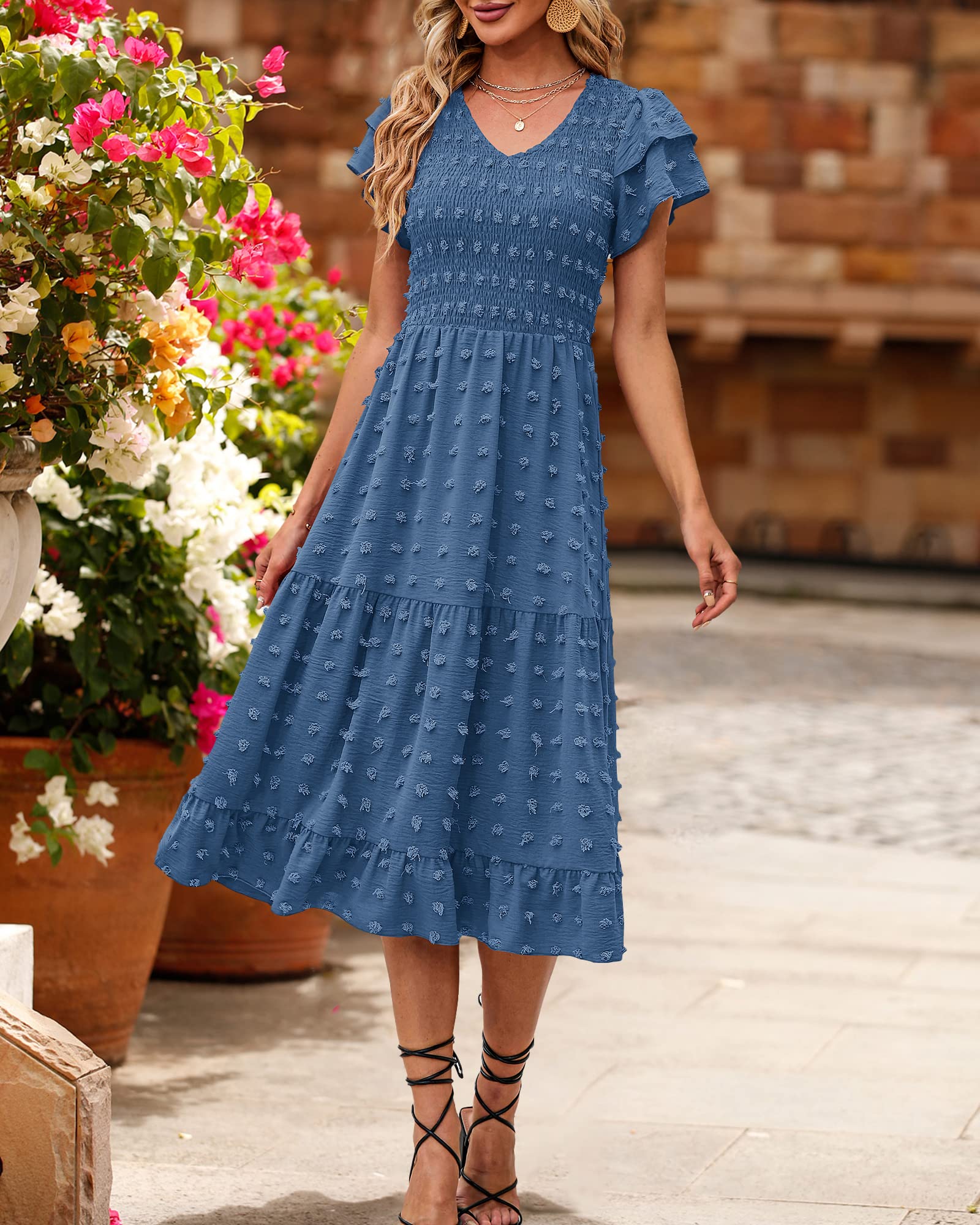BTFBM Women Casual Summer Short Ruffles Tiered Sleeve Smocked Midi Dresses Bohemian Floral V Neck Wedding Guest Long Dresses（Solid Lake Blue,Medium