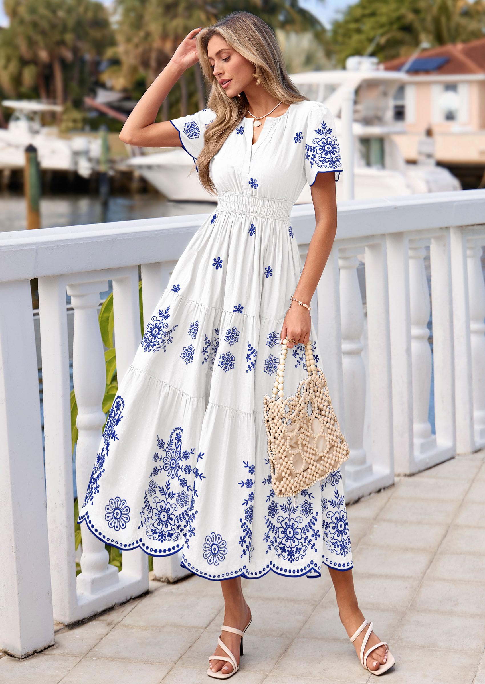 PRETTYGARDEN Summer Dresses for Women 2026 Floral Boho Maxi Spring Casual Short Sleeve V Neck Elastic Waist Dress Pockets (White Blue Flower,Medium)
