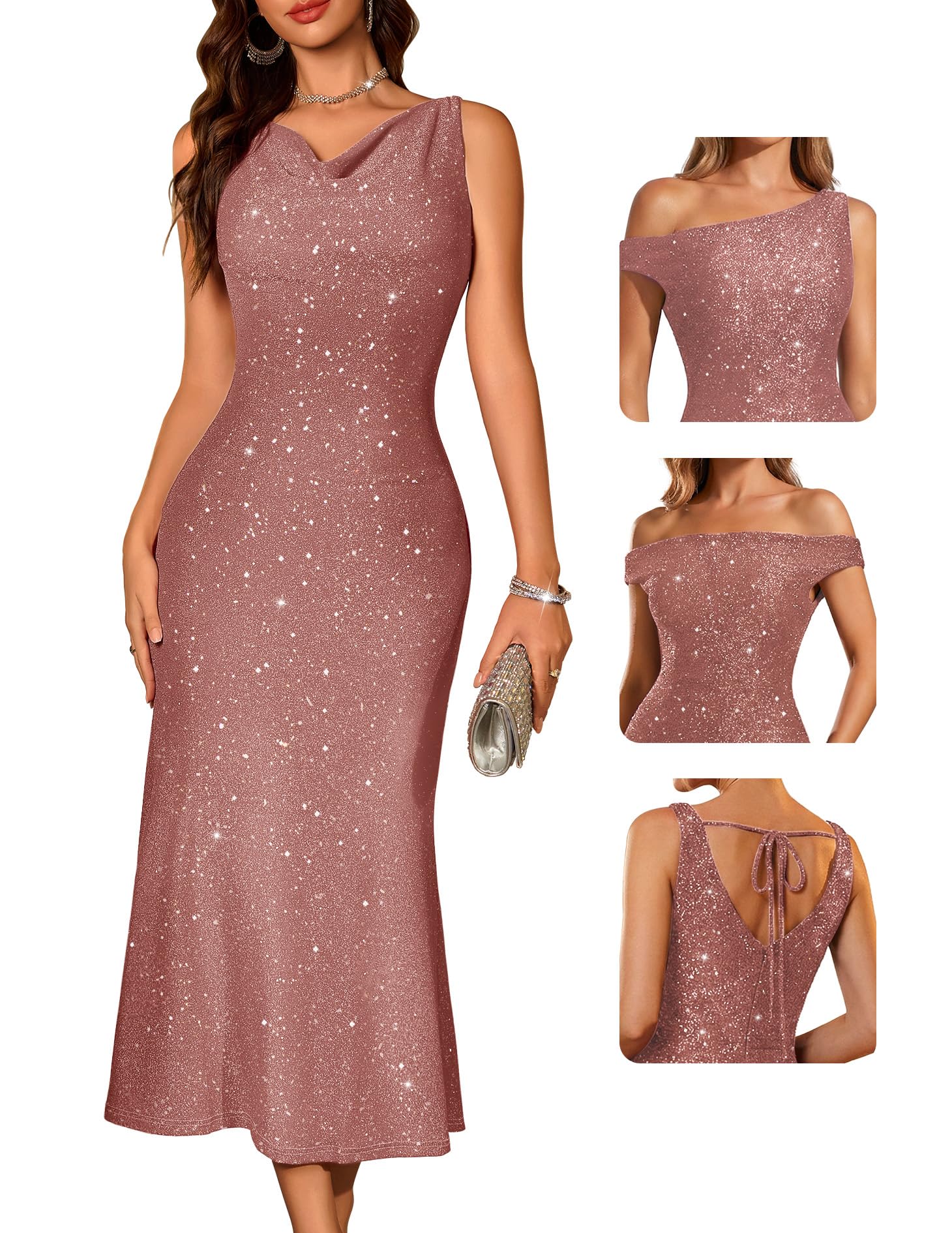 BeryLove Cocktail Formal Wedding Guest Sequin Gown Prom Midi Evening Party Bodycon Sparkle Dresses Ruched Christmas Sleeveless Long Dress 0035 Blush S