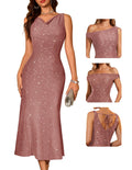 BeryLove Cocktail Formal Wedding Guest Sequin Gown Prom Midi Evening Party Bodycon Sparkle Dresses Ruched Christmas Sleeveless Long Dress 0035 Blush 2XL