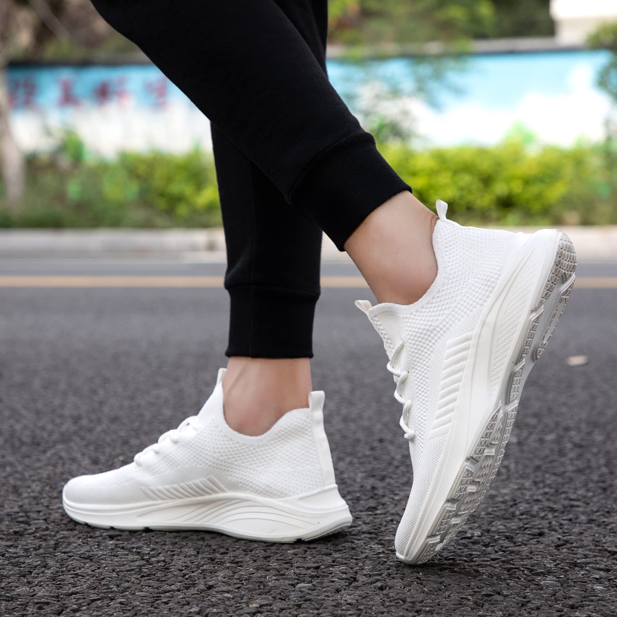 VAMJAM Men's Running Shoes Fashion Sneakers Lightweight Breathable Flying Knitting Lace Up Mesh Walking Shoes Workout Casual Sports Shoes White Size 13