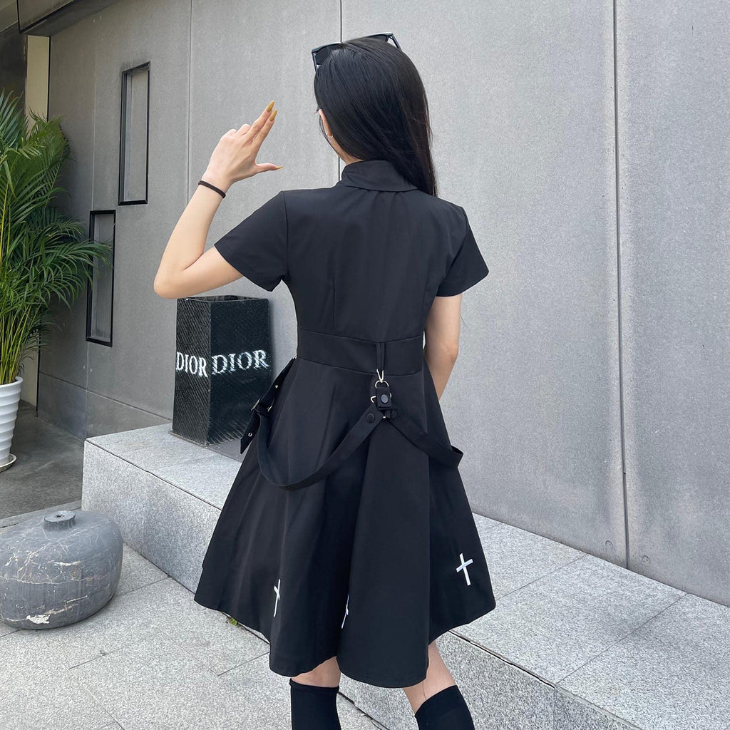 Gothic Black Summer Academy Tie Cross Black Retro Dress Harajuku Dress Emo Clothes (L,Large)