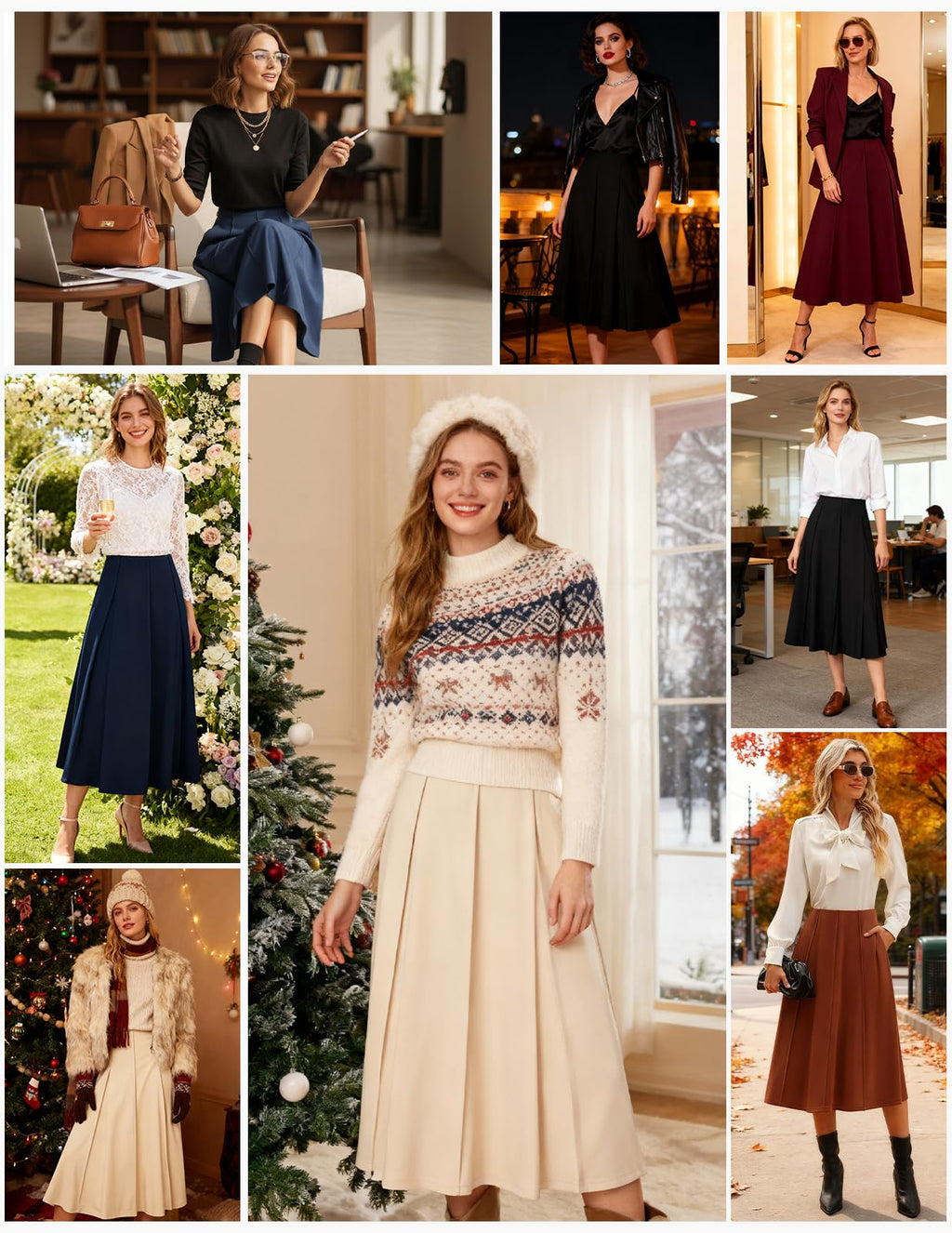 Kate Kasin Women's Long Brown Pleated Midi Skirt Fall Winter 2026 High Waisted Knee Length Flowy A Line Skirts with Pockets