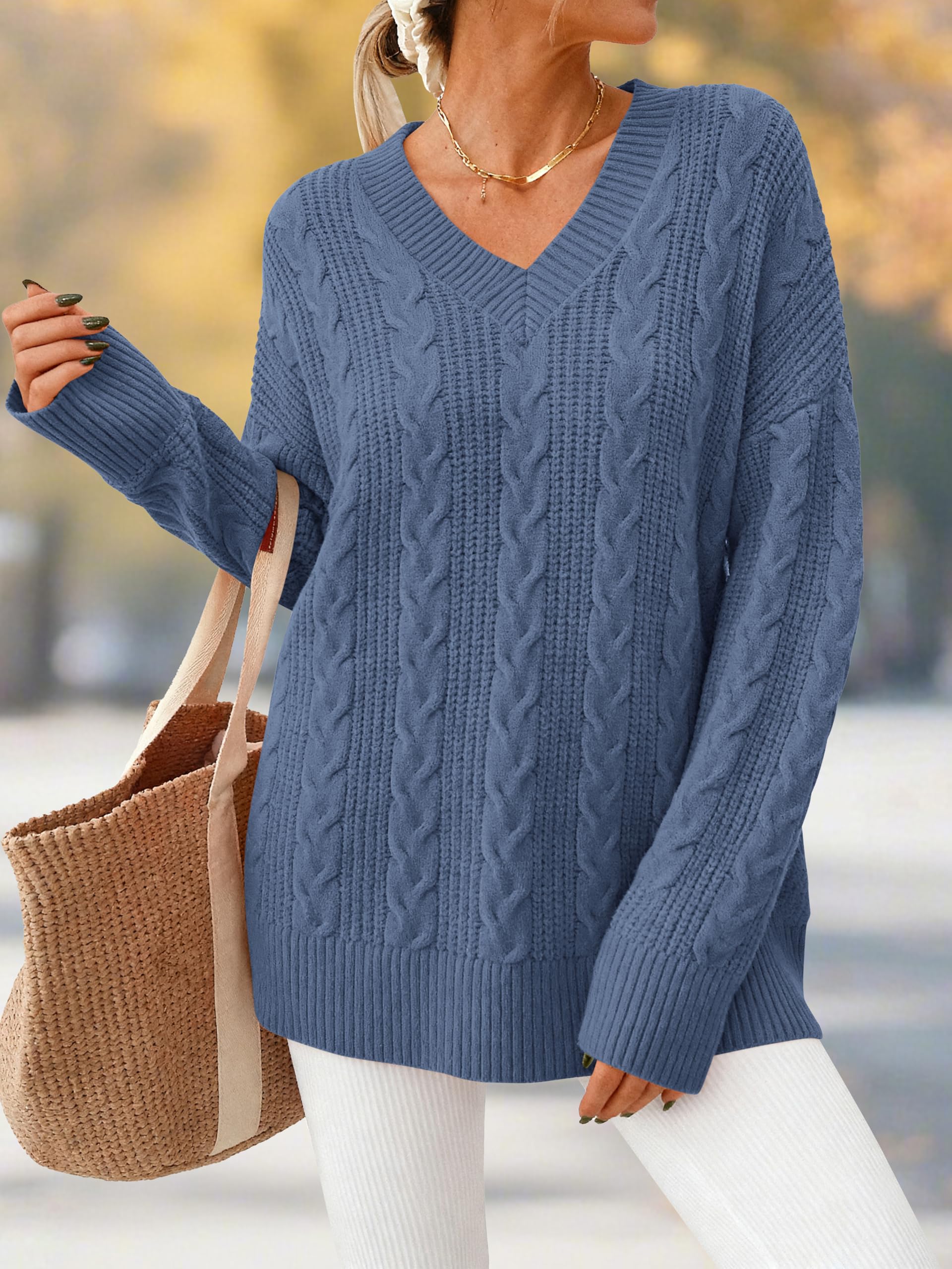 Okiwam Women's Oversized Sweaters Long Sleeve V Neck Cable Knit Pullover Tops Fall Outfits Spring Fashion Clothes 2026-L Blue