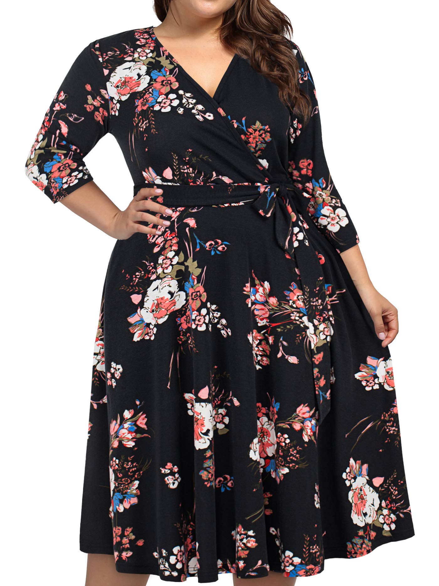 kissmay Plus Size Dresses for Women, Womens Dresses for Wedding Guest Christmas Ruffle Floral Midi Dresses Black Burgundy 22 Plus
