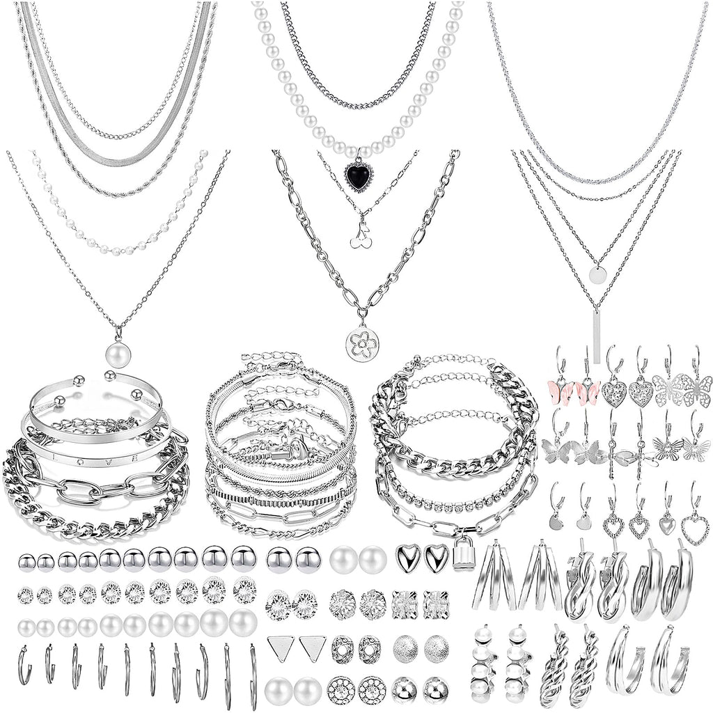 NEWITIN 69 Pieces Silver Jewelry Set for Women Fashion Costume Jewelry Silver Plated Necklace Bracelet Earrings Set for Women