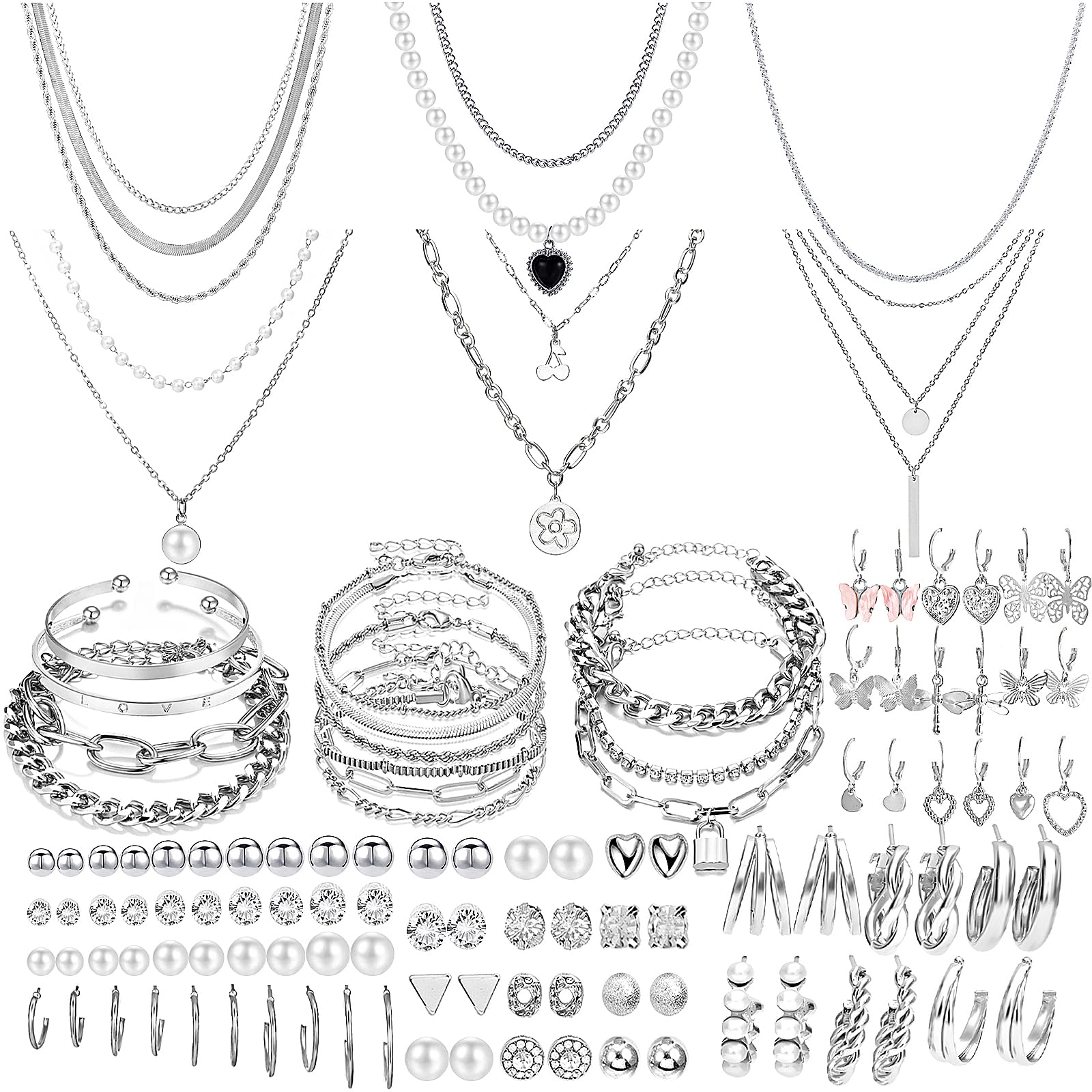 NEWITIN 69 Pieces Silver Jewelry Set for Women Fashion Costume Jewelry Silver Plated Necklace Bracelet Earrings Set for Women