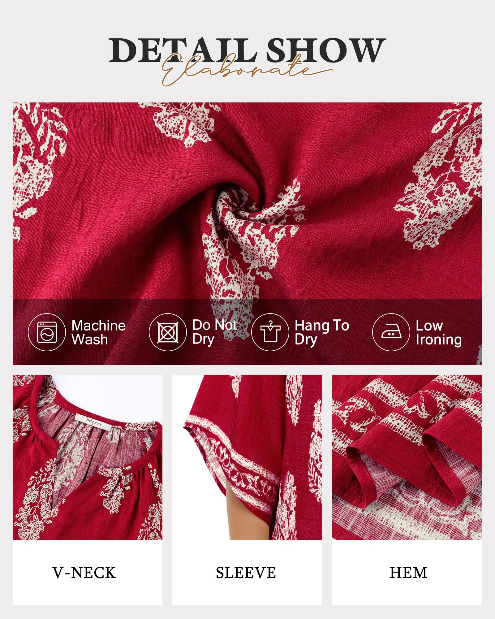 Bebonnie Summer Blouses for Women 2025: 3/4 Sleeve Dressy Casual V Neck Boho Tops - Professional Blouses for Women Office Wear - Work Dress Shirts Teacher Clothes Multi Wine XXL