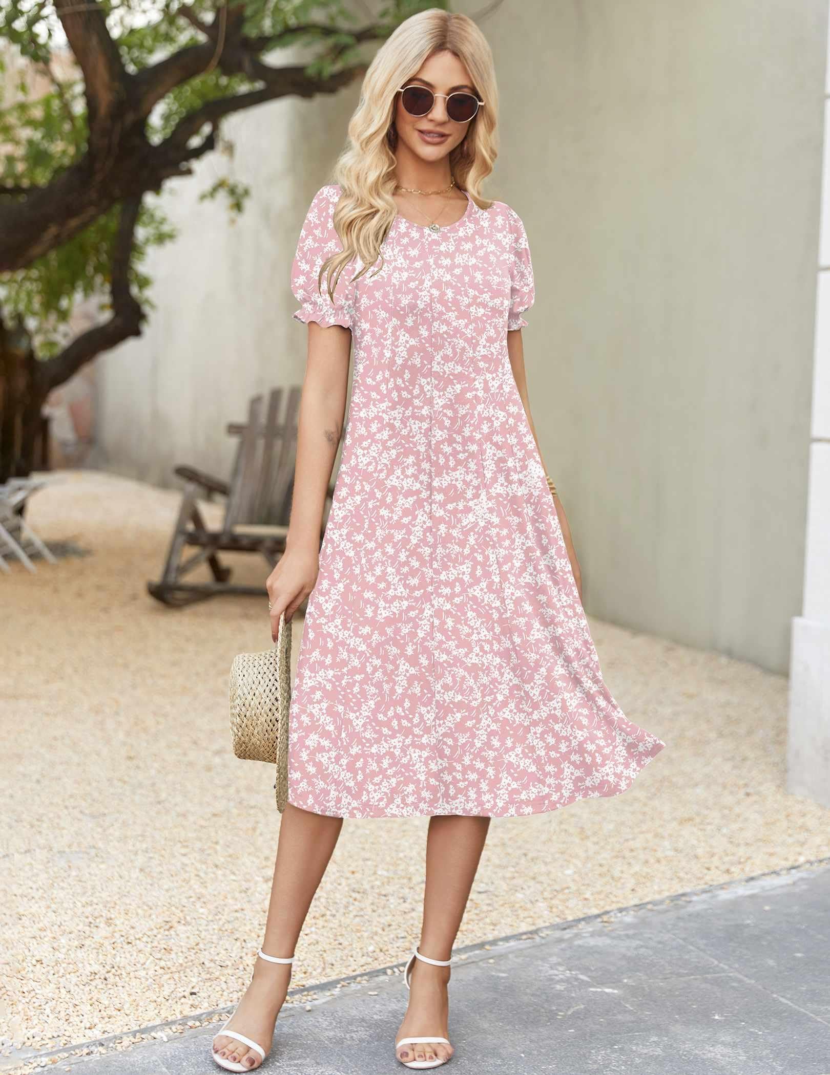 Zeagoo Womens Spring Midi Dress with Pockets Pink Floral Dresses Short Sleeve Casual Dress 2026 Long Sundress, Pink Floral,M