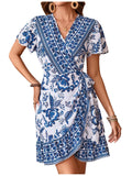 WDIRARA Women's Summer Casual Boho Floral Print Short Sleeve Wrap V Neck Ruffle Hem A Line Dress Blue and White M