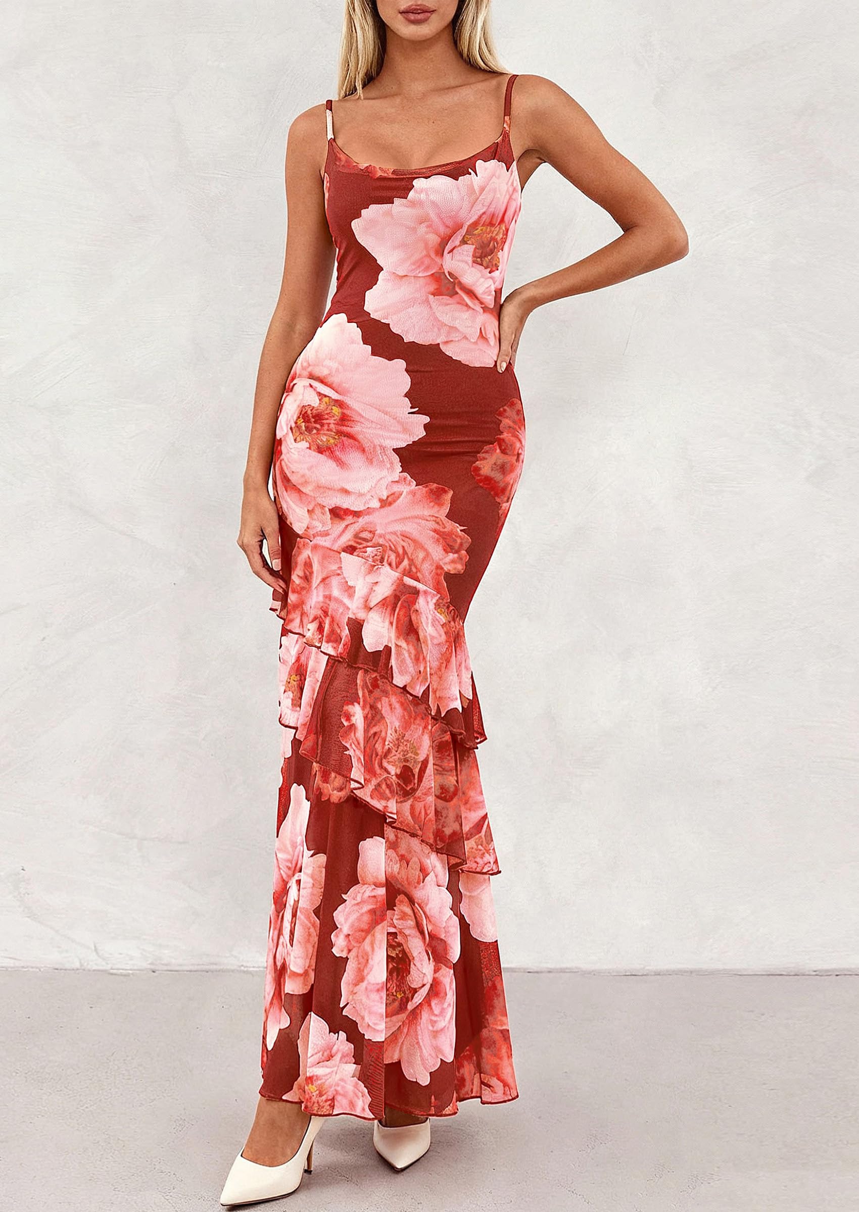 PRETTYGARDEN Maxi Dresses for Women 2026 Summer Tiered Floral Beach Sundress Spaghetti Strap Spring Wedding Guest Long Dress (Wine Red Big Floral,X-Small)