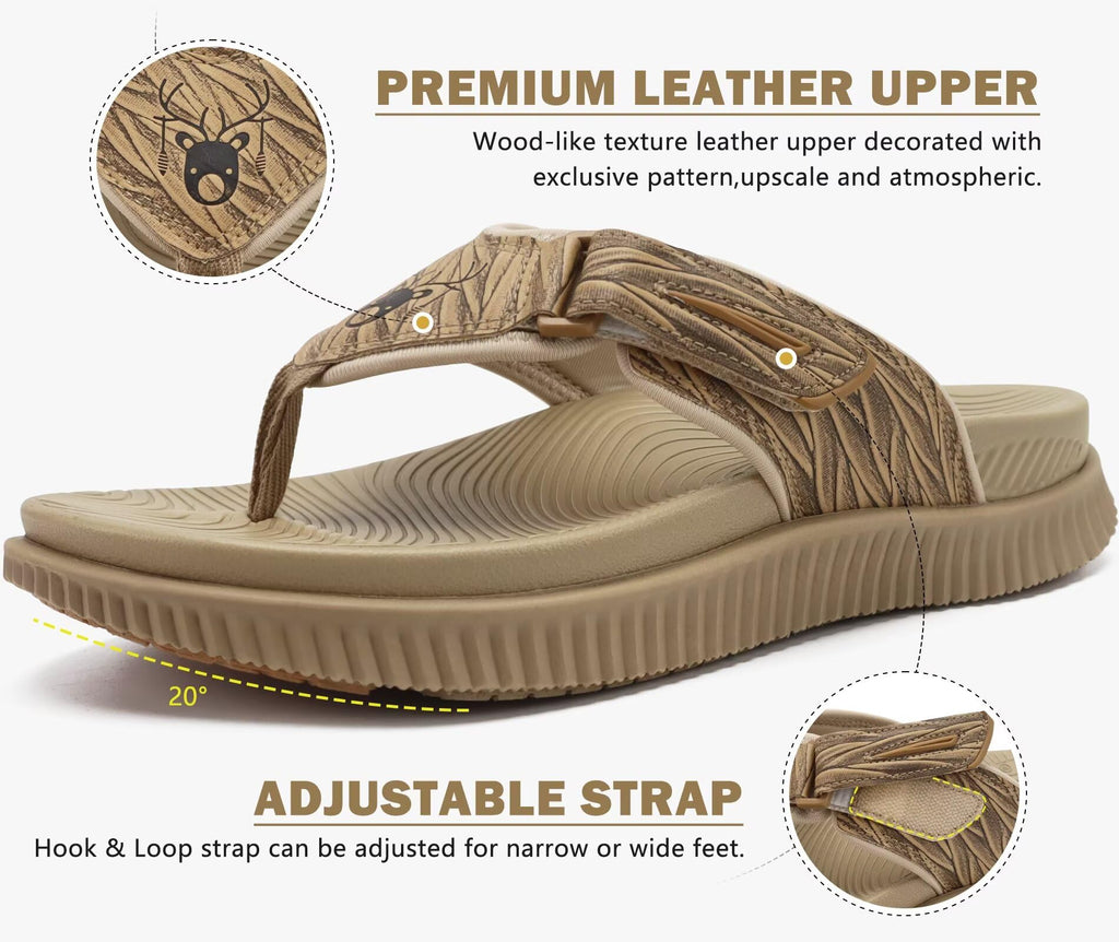 KuaiLu Men's Orthotic Cushion Flip Flops 2026 Mens Leather Athletic Recovery Foam Walking Sandals Plantar Fasciitis Arch Support Beach Flip-Flop Slides Shoes Summer Essentials For Man, Khaki Size 10