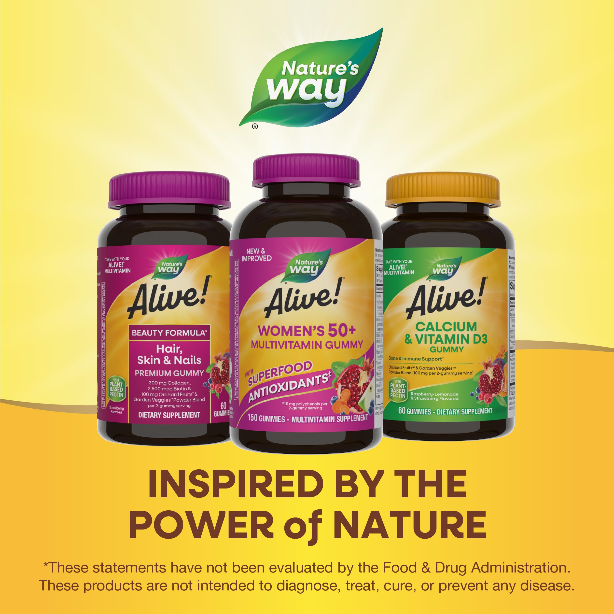 Nature’s Way Alive! Women’s 50 Plus Multivitamin Gummy, Daily Chewable Multivitamins with B-Vitamins, Vitamin D3, Calcium, Supports Heart, Brain & Bone Health,* Mixed Berry Flavored, 150 Count