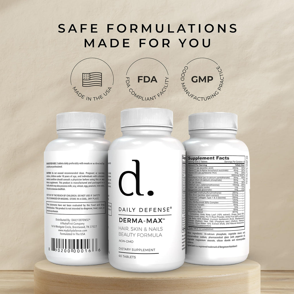 Daily Defense Collagen Supplements for Women - Hair Skin and Nails Vitamins with Biotin and Collagen, Calcium & More for Healthy Hair, Healthy Nails & Healthy Skin - Hair Vitamins for Men & Women