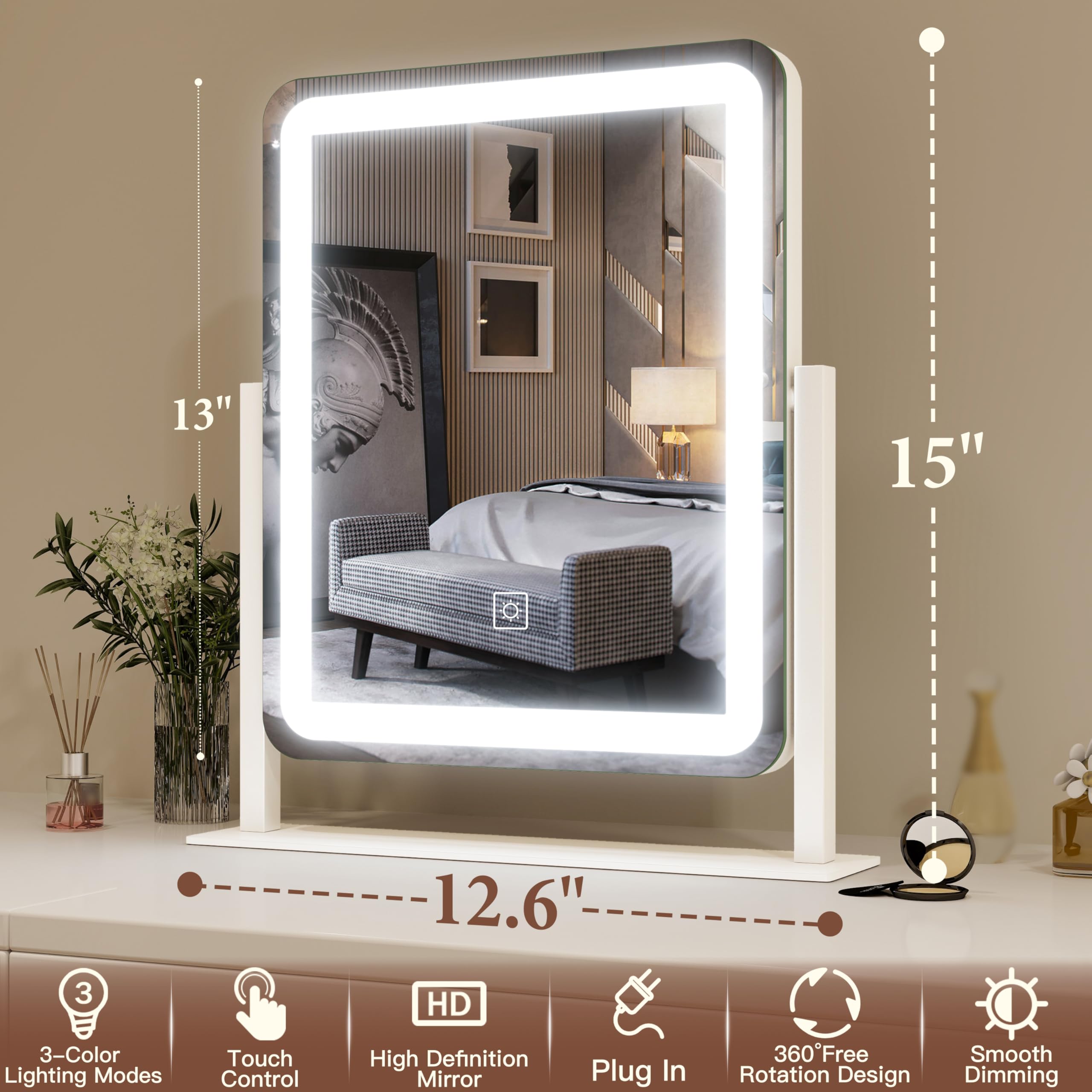 FENNIO Vanity Mirror with Lights - 15"x12.6" LED Lighted Makeup Mirror, Large Makeup Mirror with Lights, Touch Screen with 3-Color Lighting, Dimmable, for Vanity Desk Tabletop, Bedroom