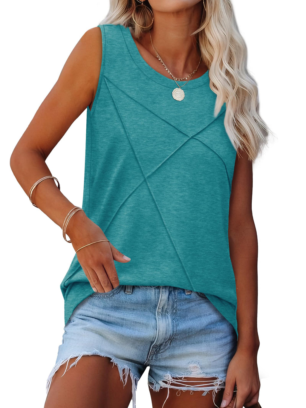 WIHOLL Spring Tops for Women 2026 Trendy Casual Tank Tops Sleeveless Cute Summer Outfits Fashion Clothing Loose Fit Resort Wear 2026 Blue Green L