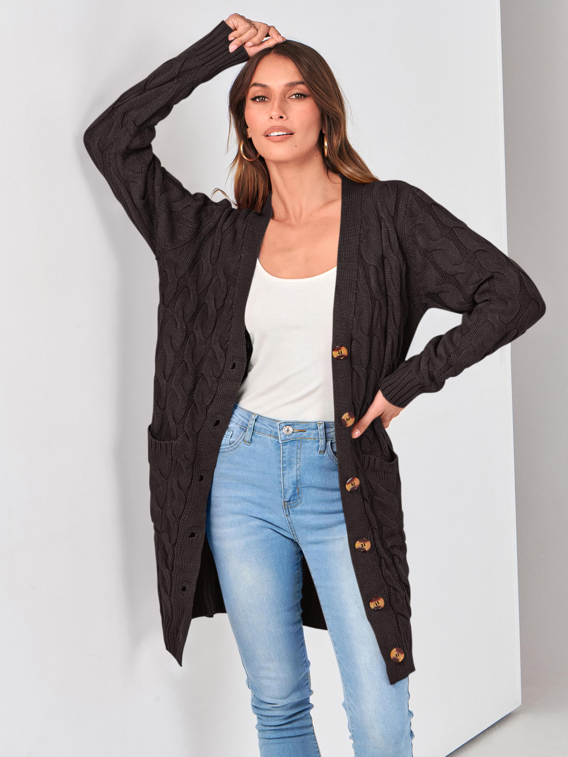 PRETTYGARDEN Long Sleeve Cable Knit Long Cardigan for Women 2026 Spring Winter Chunky Open Front Button Sweaters with Pockets (Dark Grey, Small)