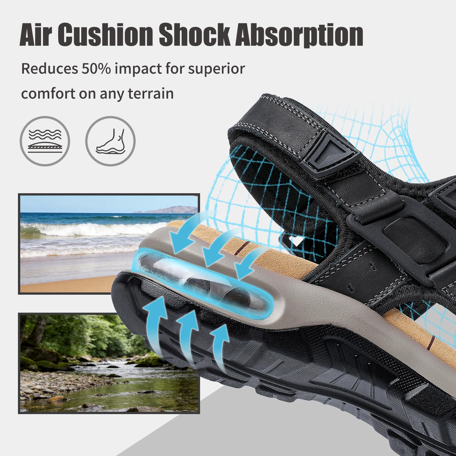 ziitop Men's Athletic Sandals Adjustable Straps Arch Support Air Cushion Durable Hiking Outdoor Non-slip Sandals for Casual Walking